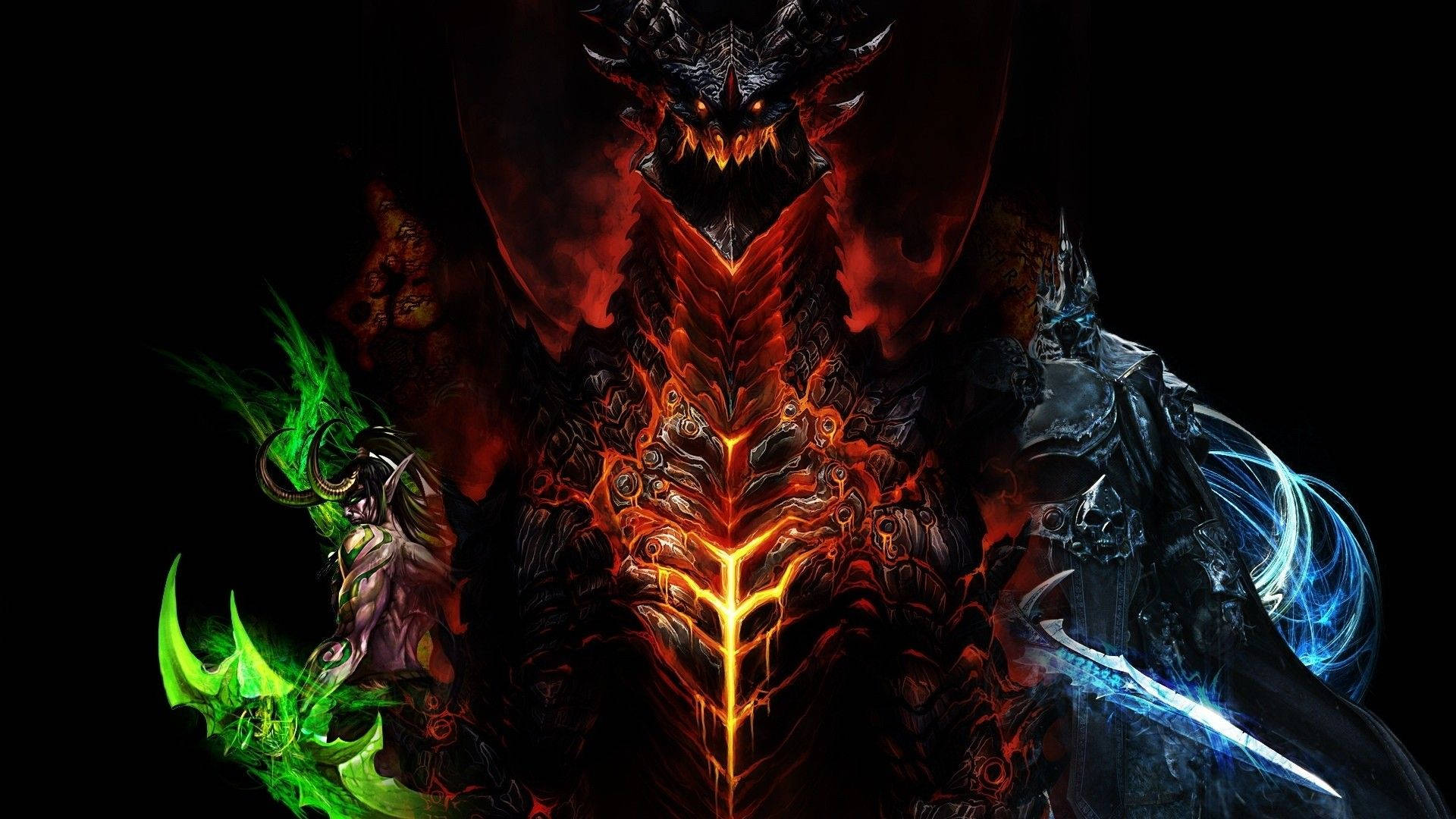 elemental demons, glowing red eyes, fiery orange armor, Full HD Desktop Wallpaper