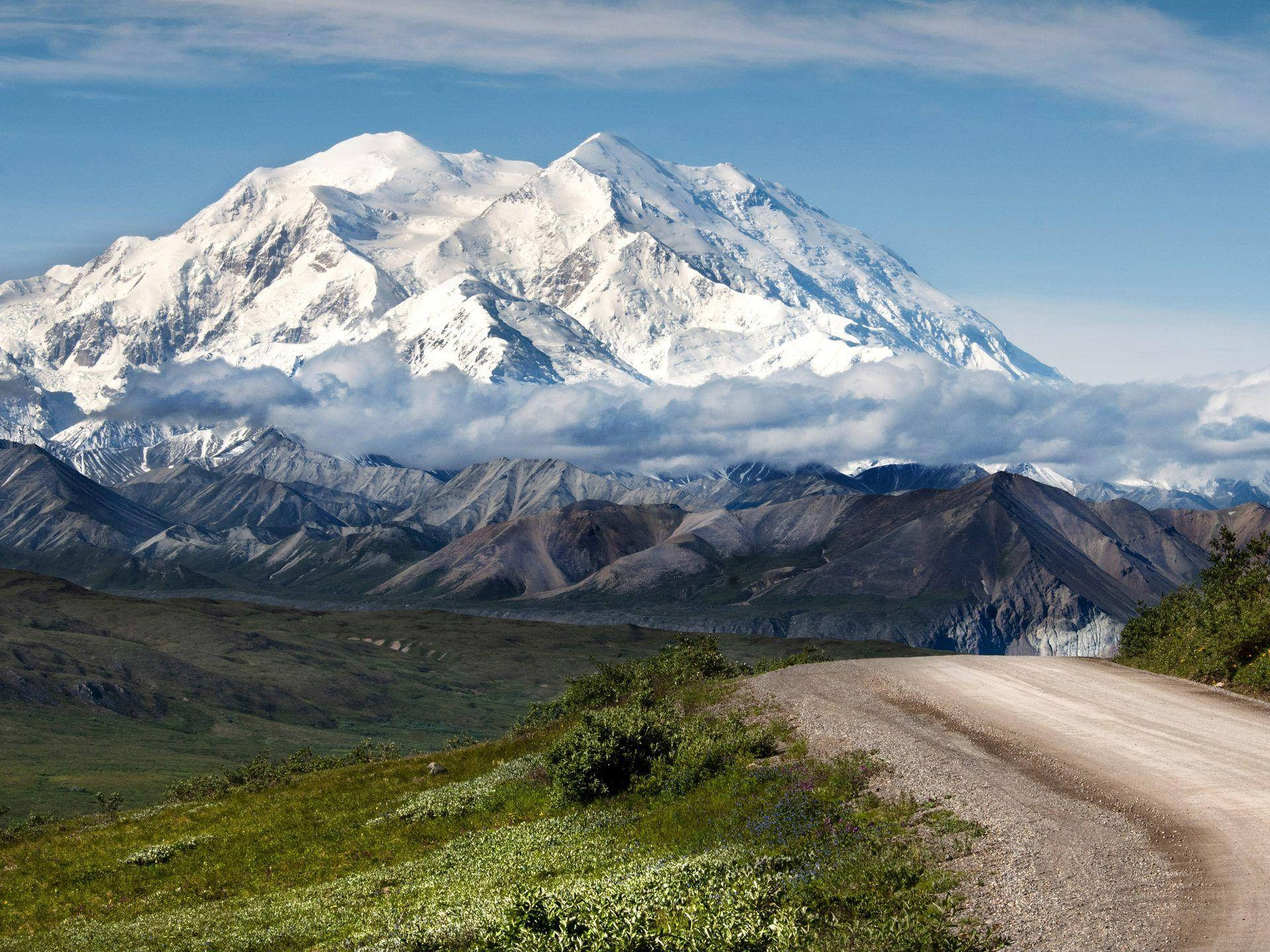 Denali, dirt path, snow-capped mountain, Full HD Desktop Wallpaper