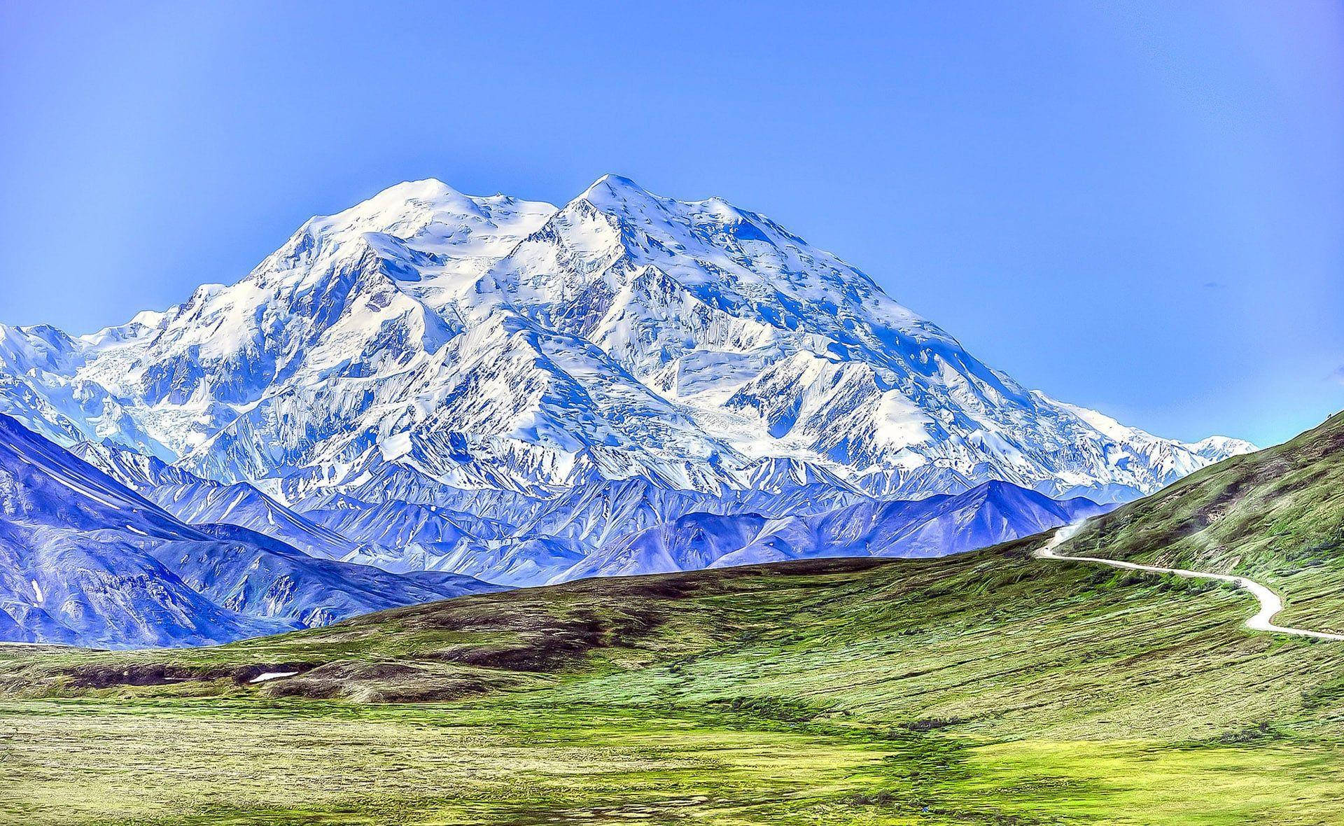 Denali, snow-capped mountain, winding road, Full HD Desktop Wallpaper