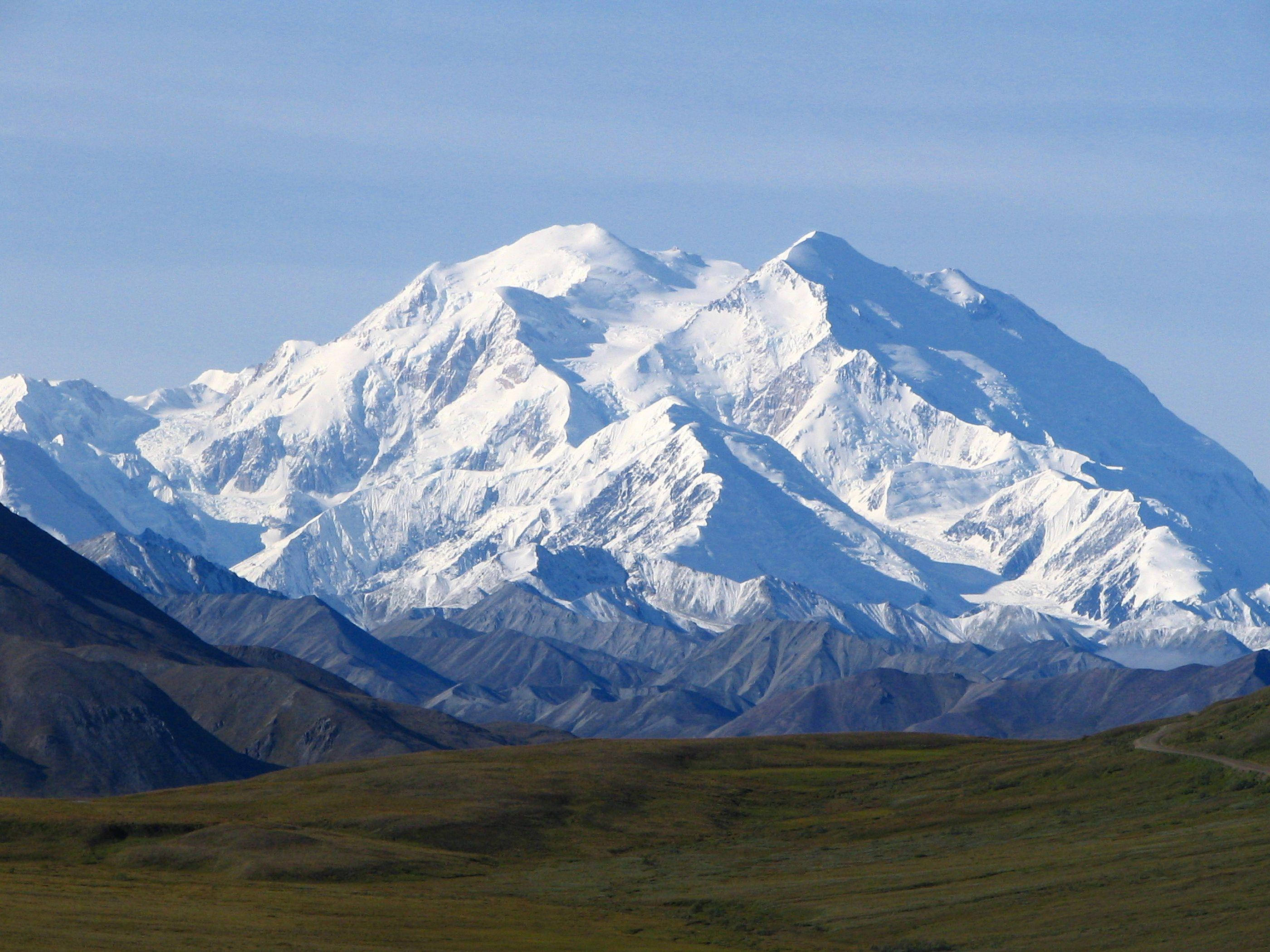 Denali, snow-capped mountain, rugged brown hills, 2K Desktop Wallpaper