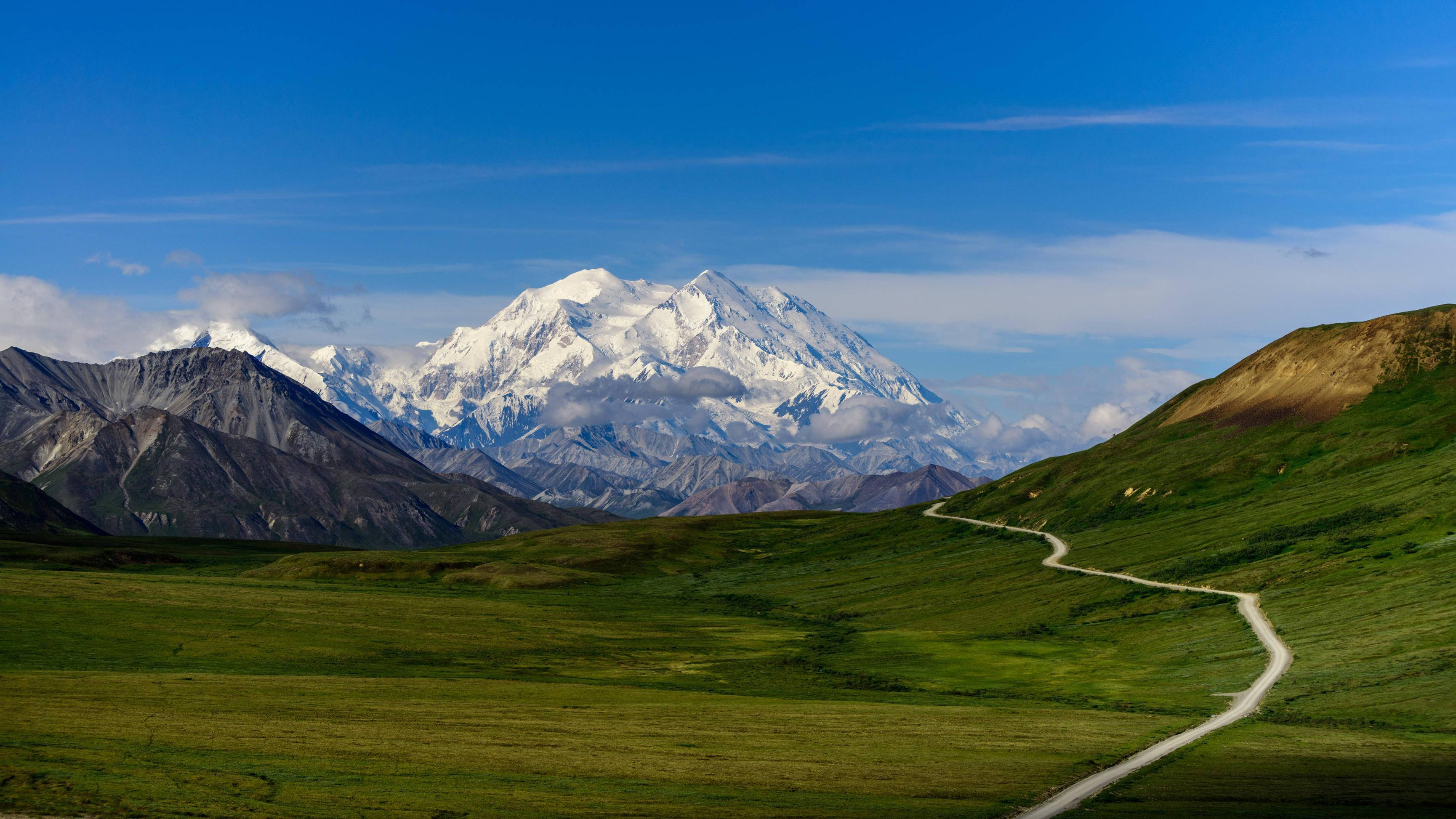 Denali, winding road, vibrant green hills, 2K Desktop Wallpaper