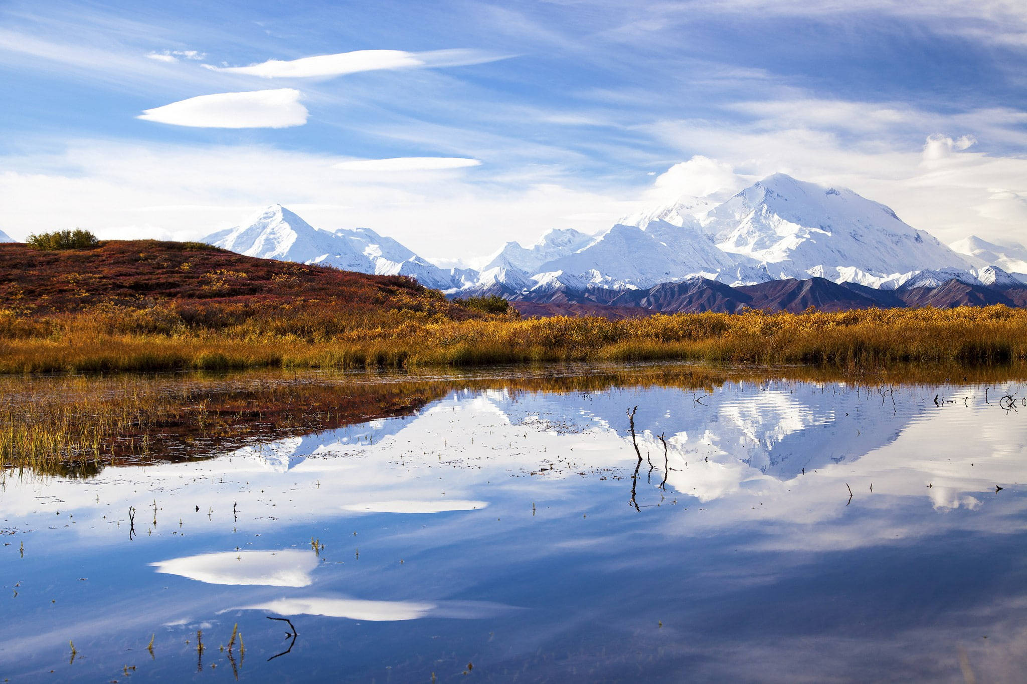 Denali, lake reflection, autumnal tundra, Full HD Desktop Wallpaper