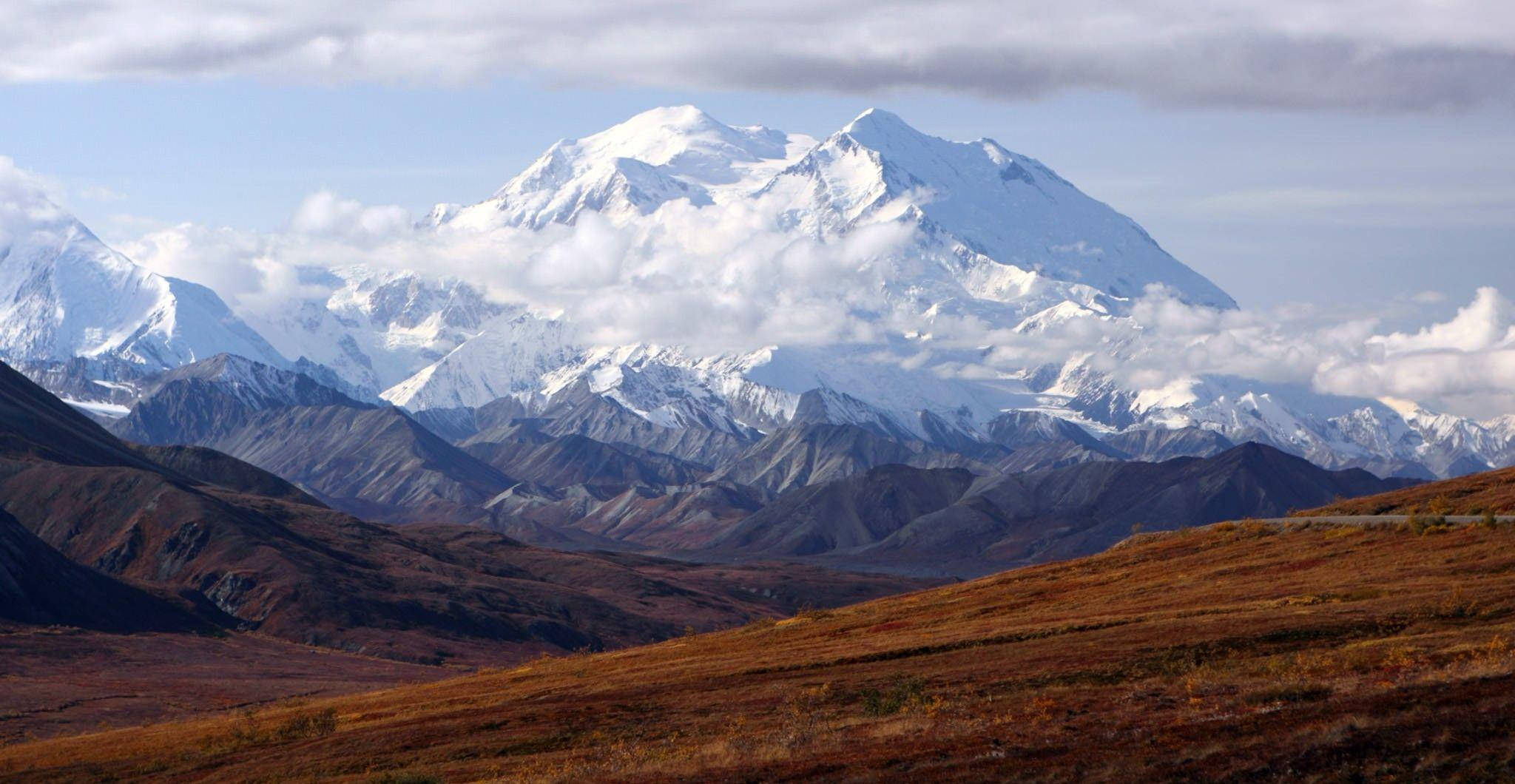 Denali, snow-capped mountain peak, rugged brown hills, Full HD Desktop Wallpaper