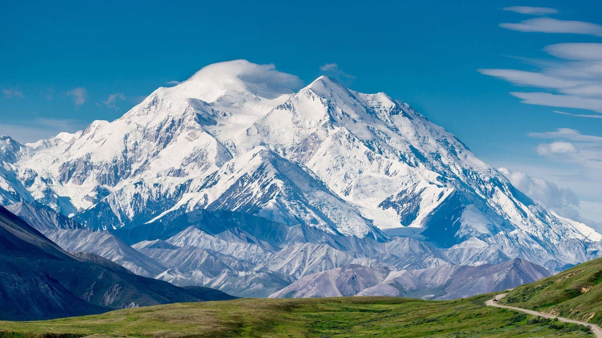 Denali, snow-capped mountain peak, clear blue sky, Full HD Desktop Wallpaper