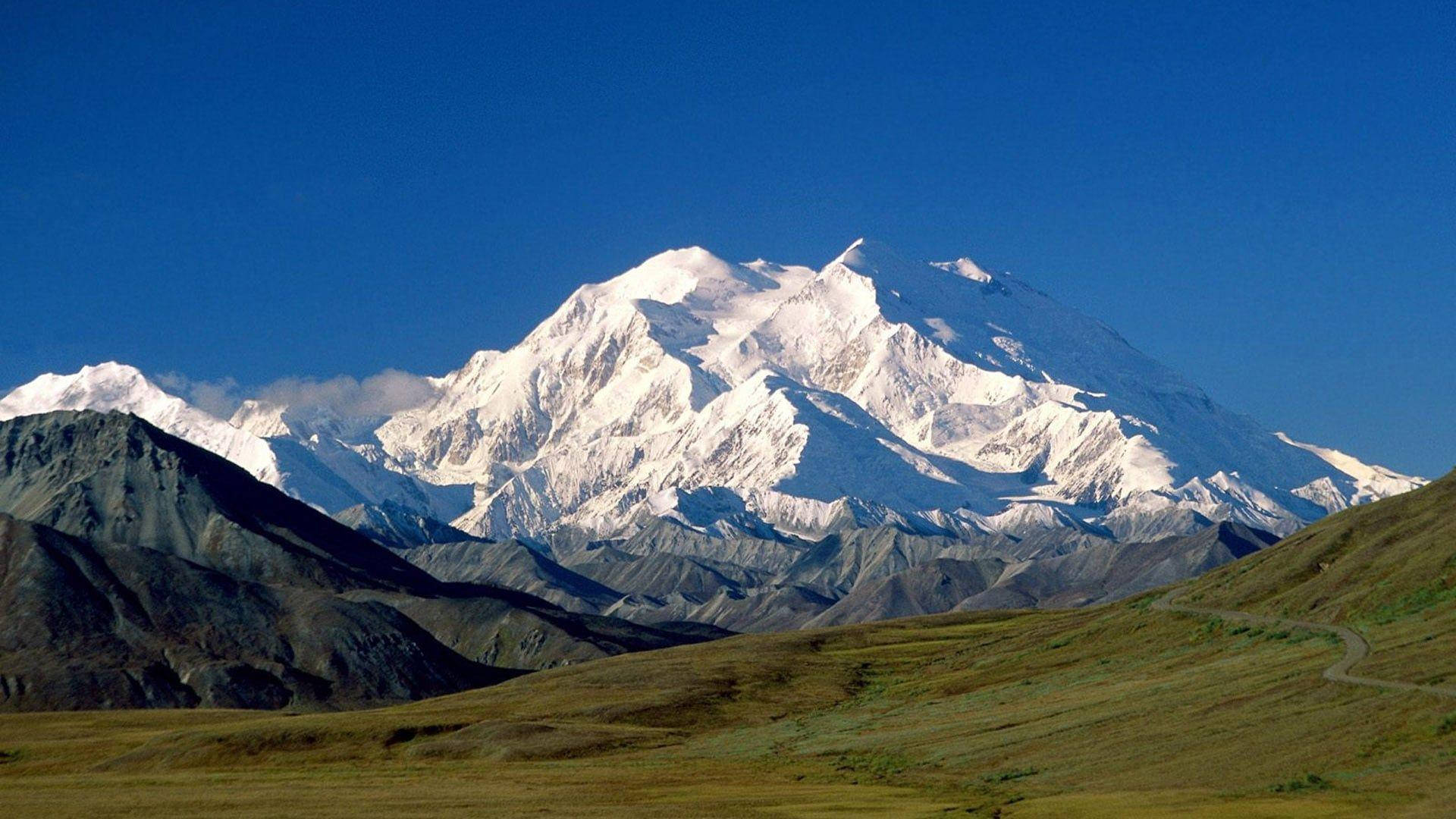 Denali, green fields, snow-capped mountain, Full HD Desktop Wallpaper