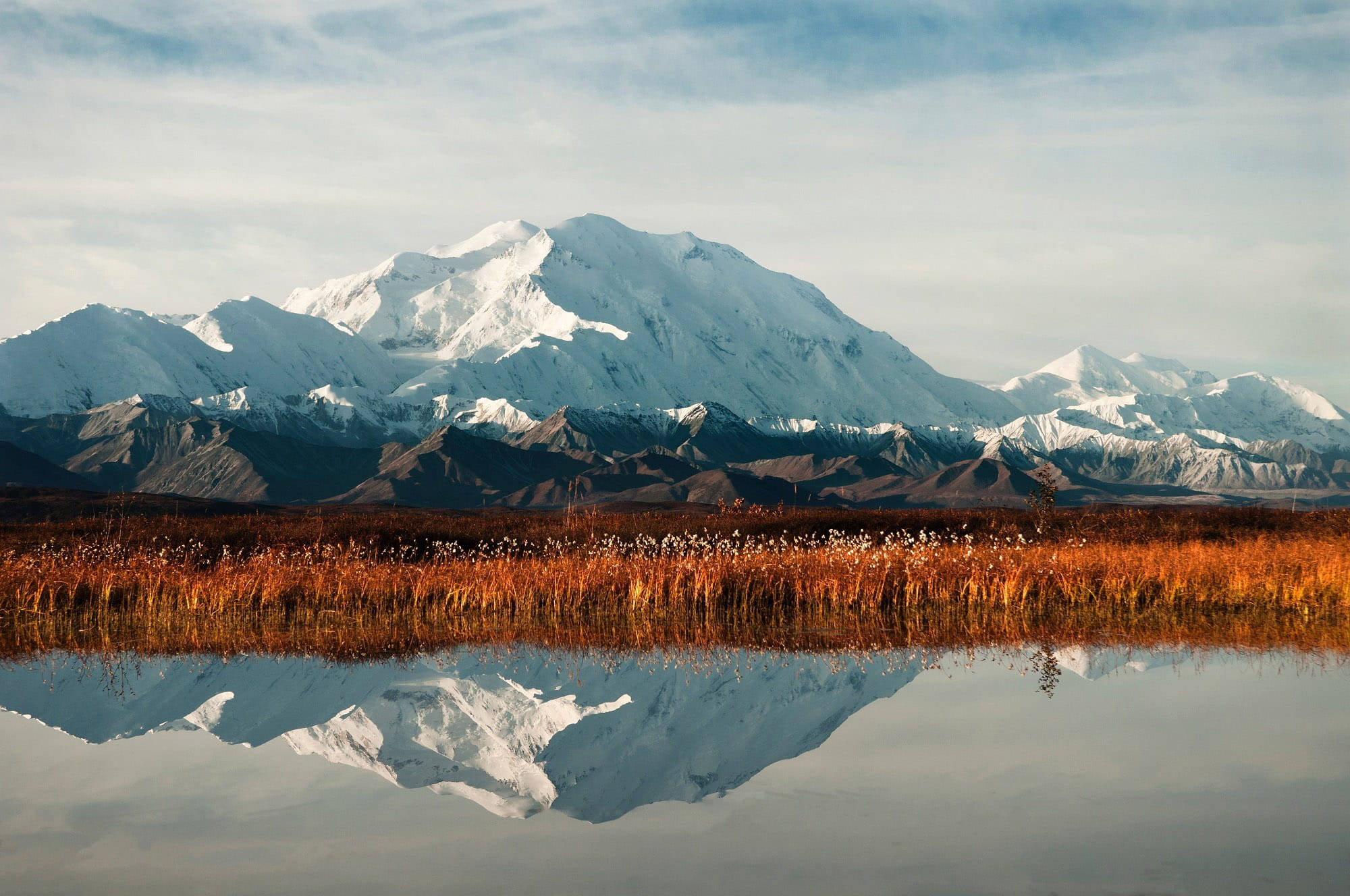 Denali, calm lake, golden autumn reeds, Full HD Desktop Wallpaper
