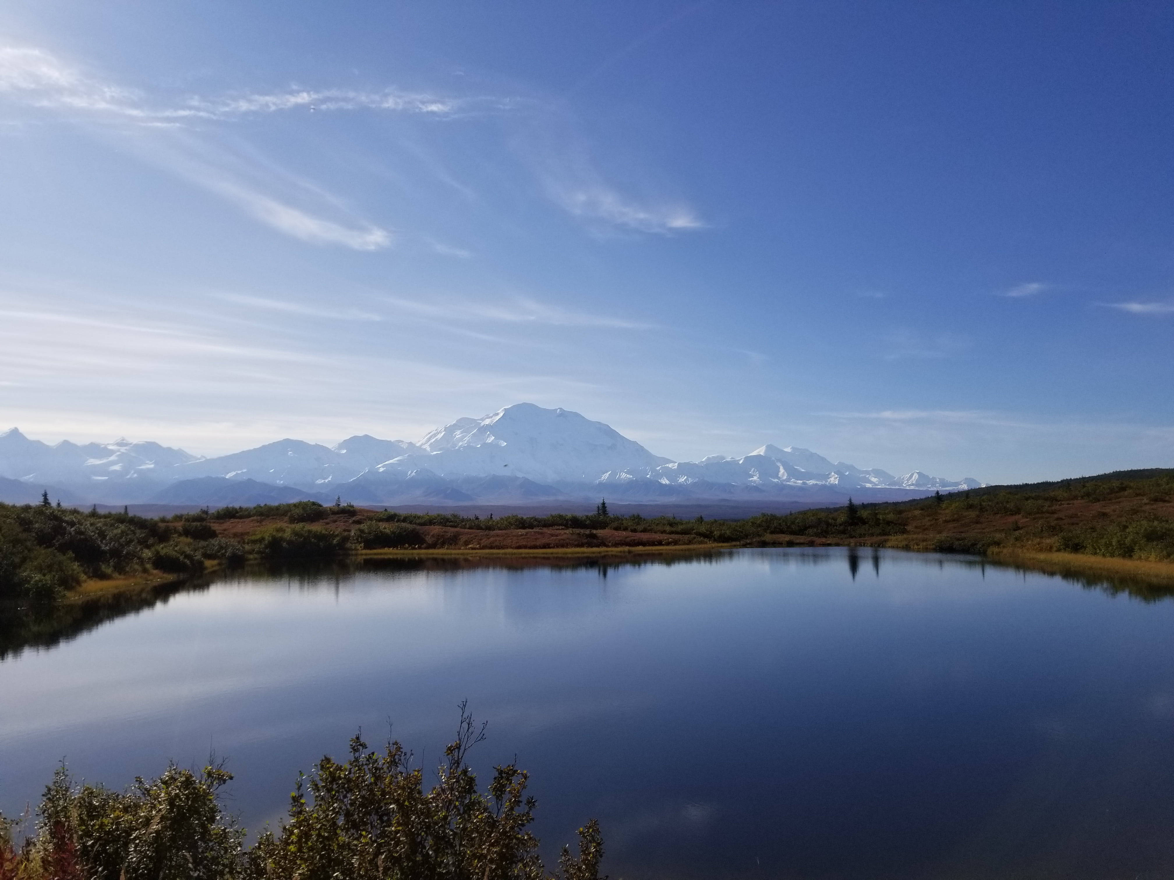 Denali, lake, snow-capped mountain range, 4K Desktop Wallpaper
