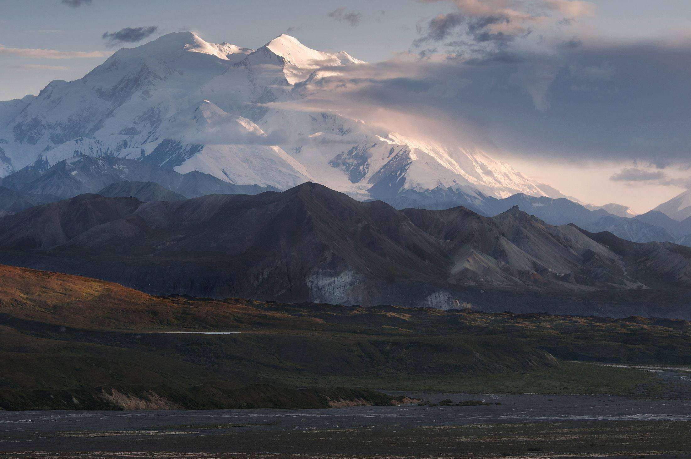Denali, snow-capped mountain range, rugged brown hills, Full HD Desktop Wallpaper