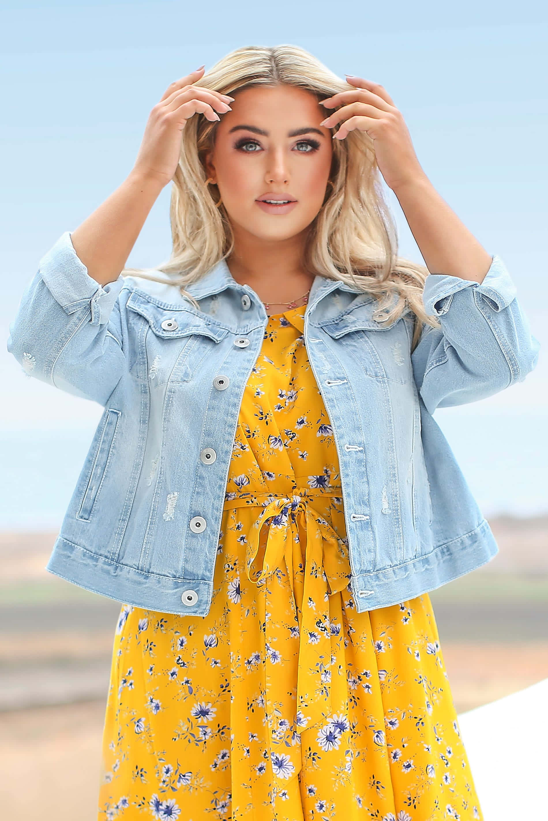 Denim Blue, yellow floral dress, light blue denim jacket, 2K Phone Wallpaper
