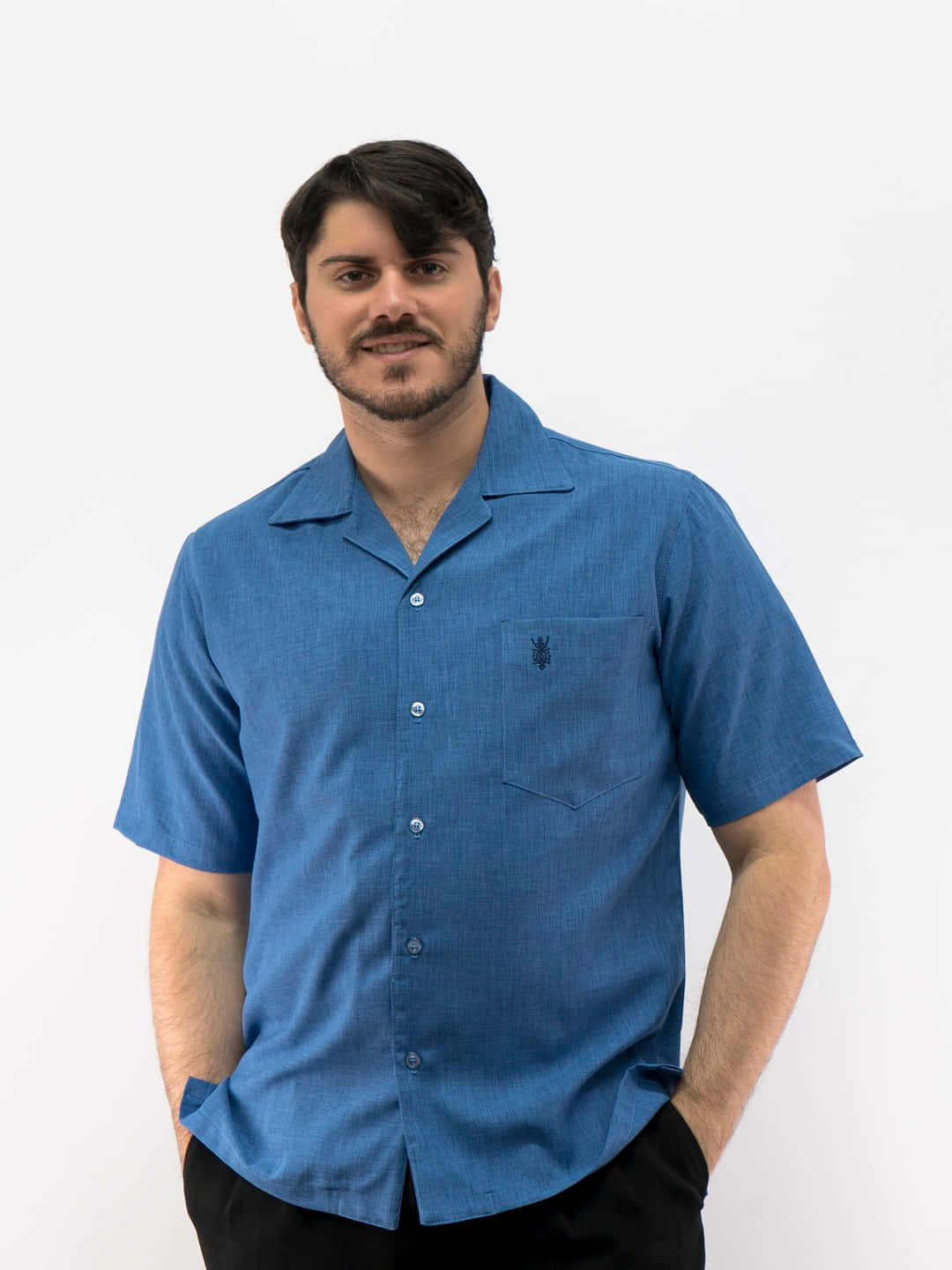 Denim Blue, blue short-sleeved button-up shirt, dark hair, HD Phone Wallpaper