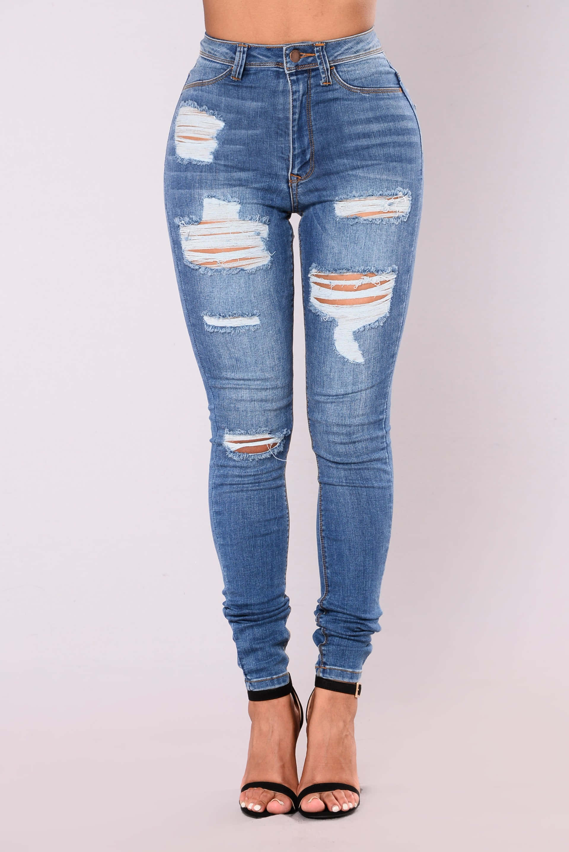 Denim Blue, ripped blue jeans, black high heels, 2K Phone Wallpaper