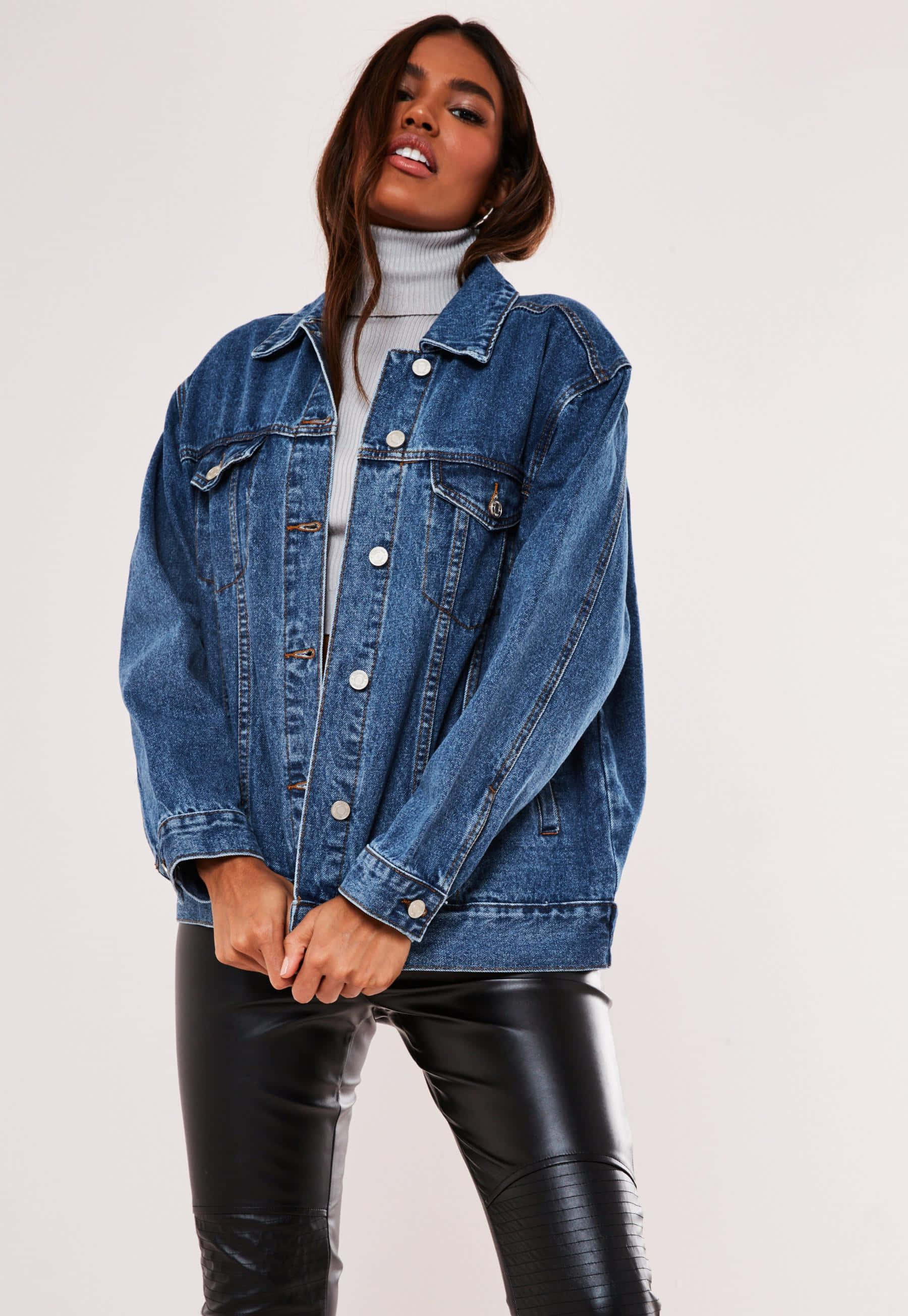 Denim Blue, blue denim jacket, black leather pants, 2K Phone Wallpaper