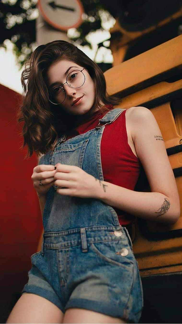 denim overalls, red top, glasses, HD Phone Wallpaper