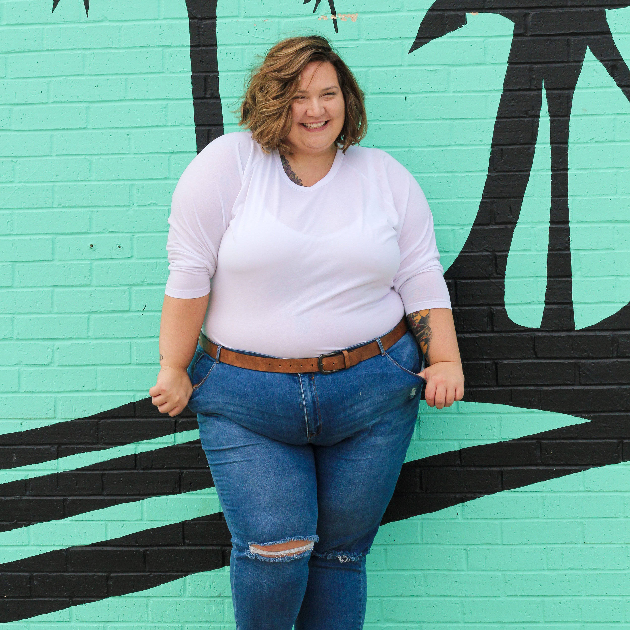 ripped jeans, white shirt, vibrant mint green brick wall, Full HD Desktop Wallpaper