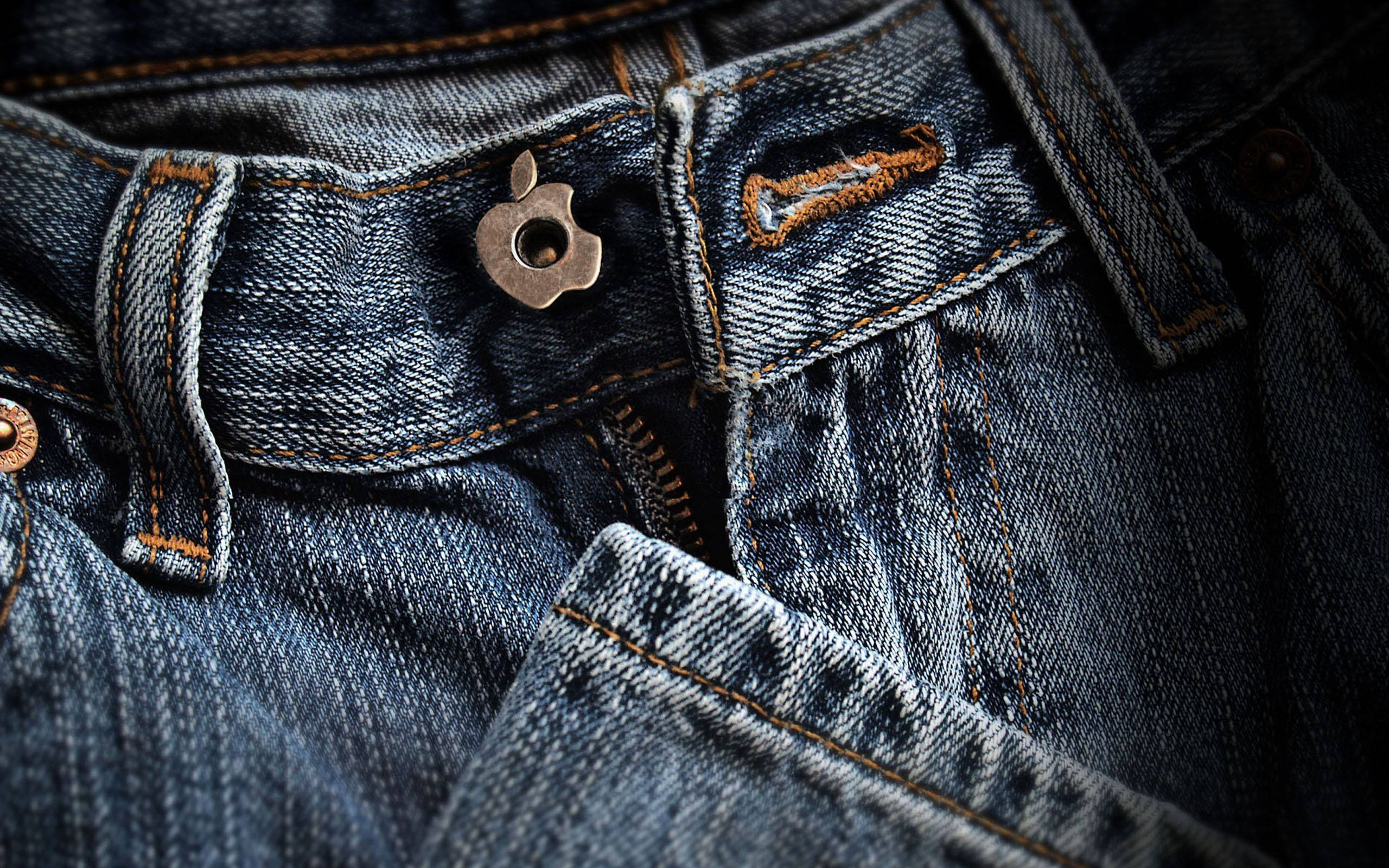 denim jeans, apple logo button, metallic apple button, 2K Desktop Wallpaper