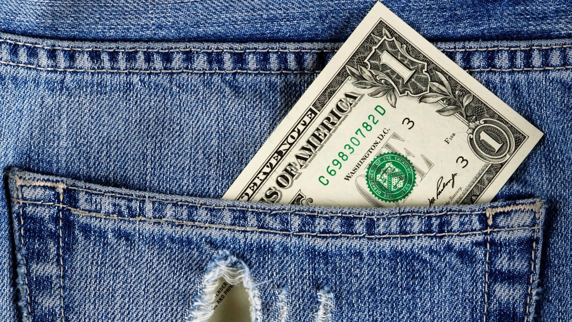 denim jeans, one dollar bill, back pocket, Full HD Desktop Wallpaper