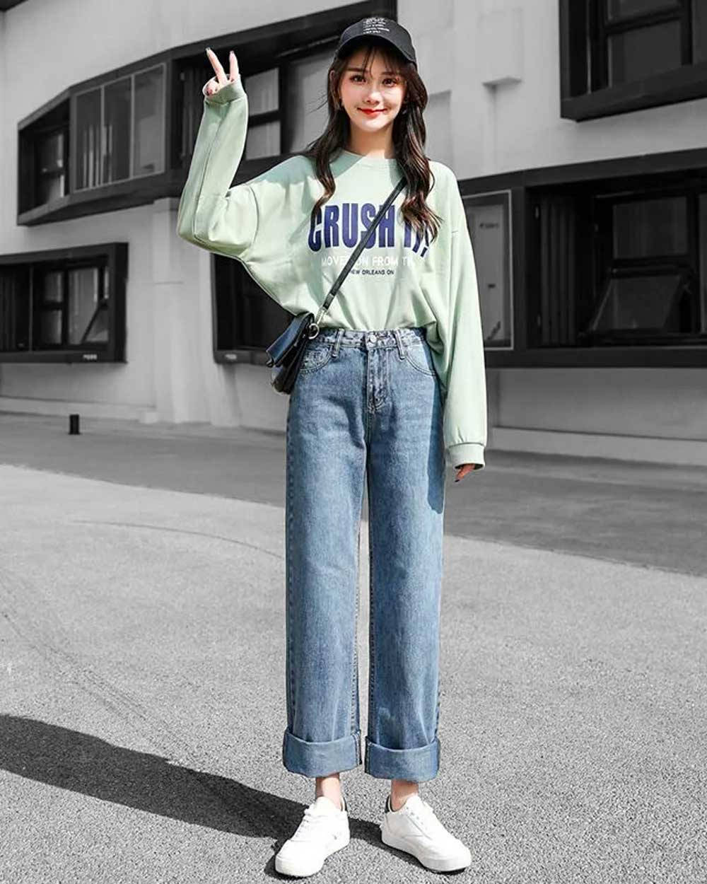 mint green sweatshirt, rolled denim jeans, sunlit urban street, SD Phone Wallpaper