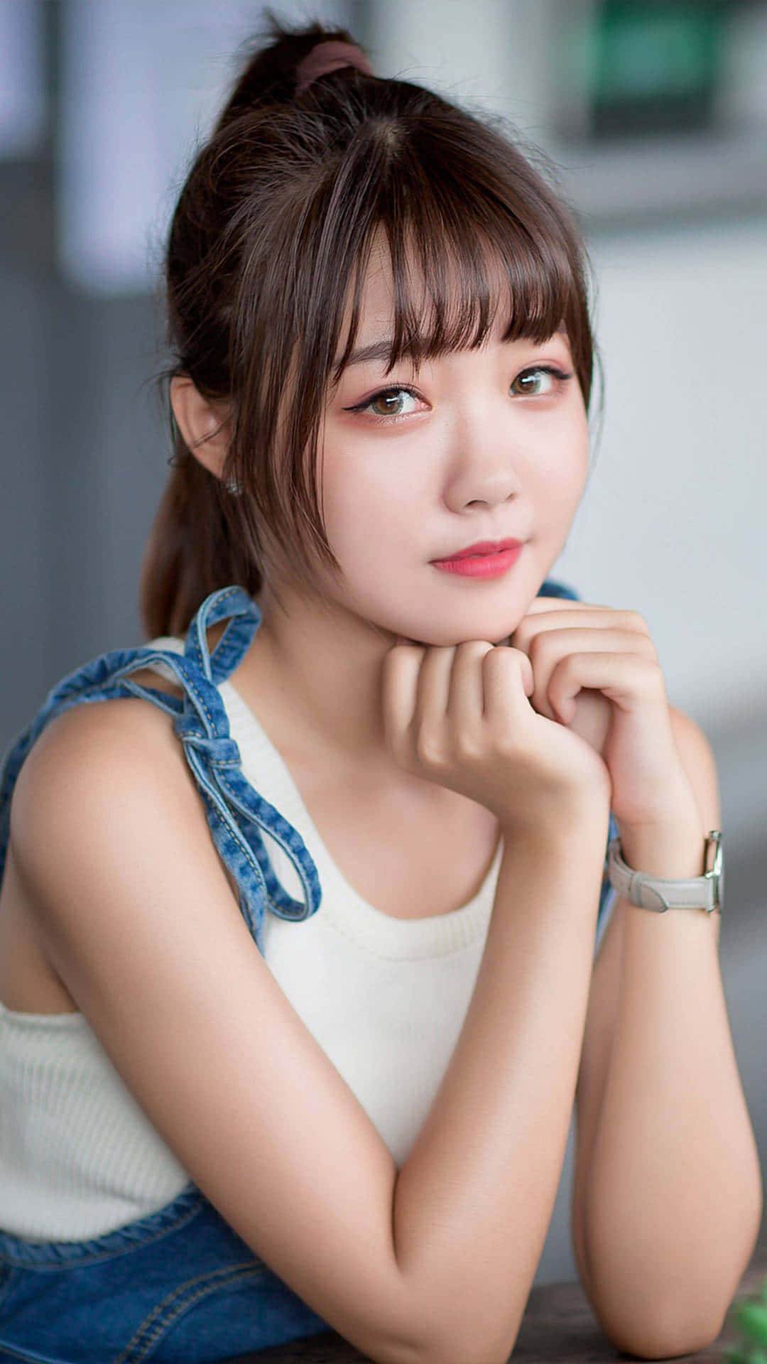 denim jumper, white top, brown hair, Full HD Phone Wallpaper