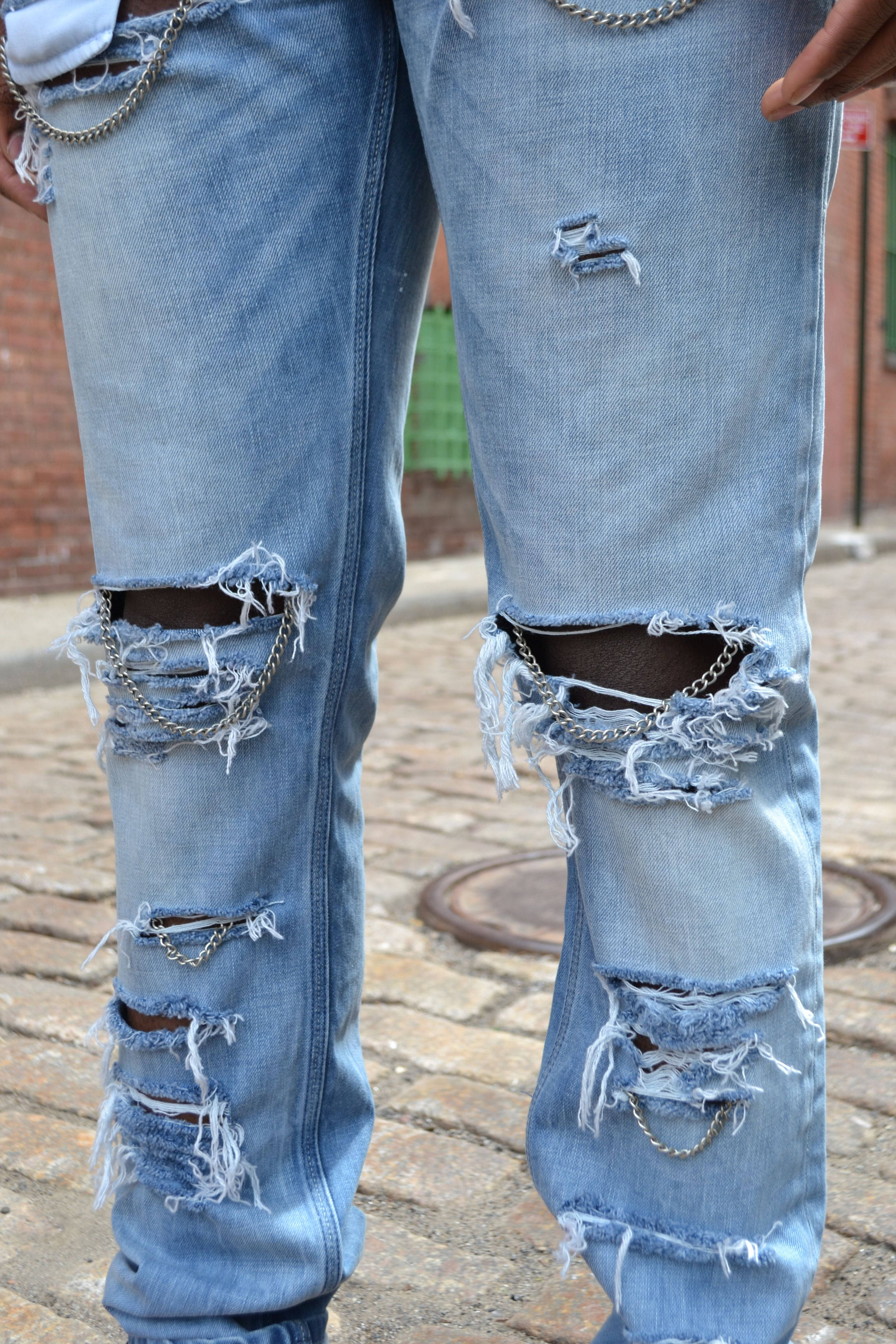 ripped light blue jeans, chains, torn knees, 4K Phone Wallpaper