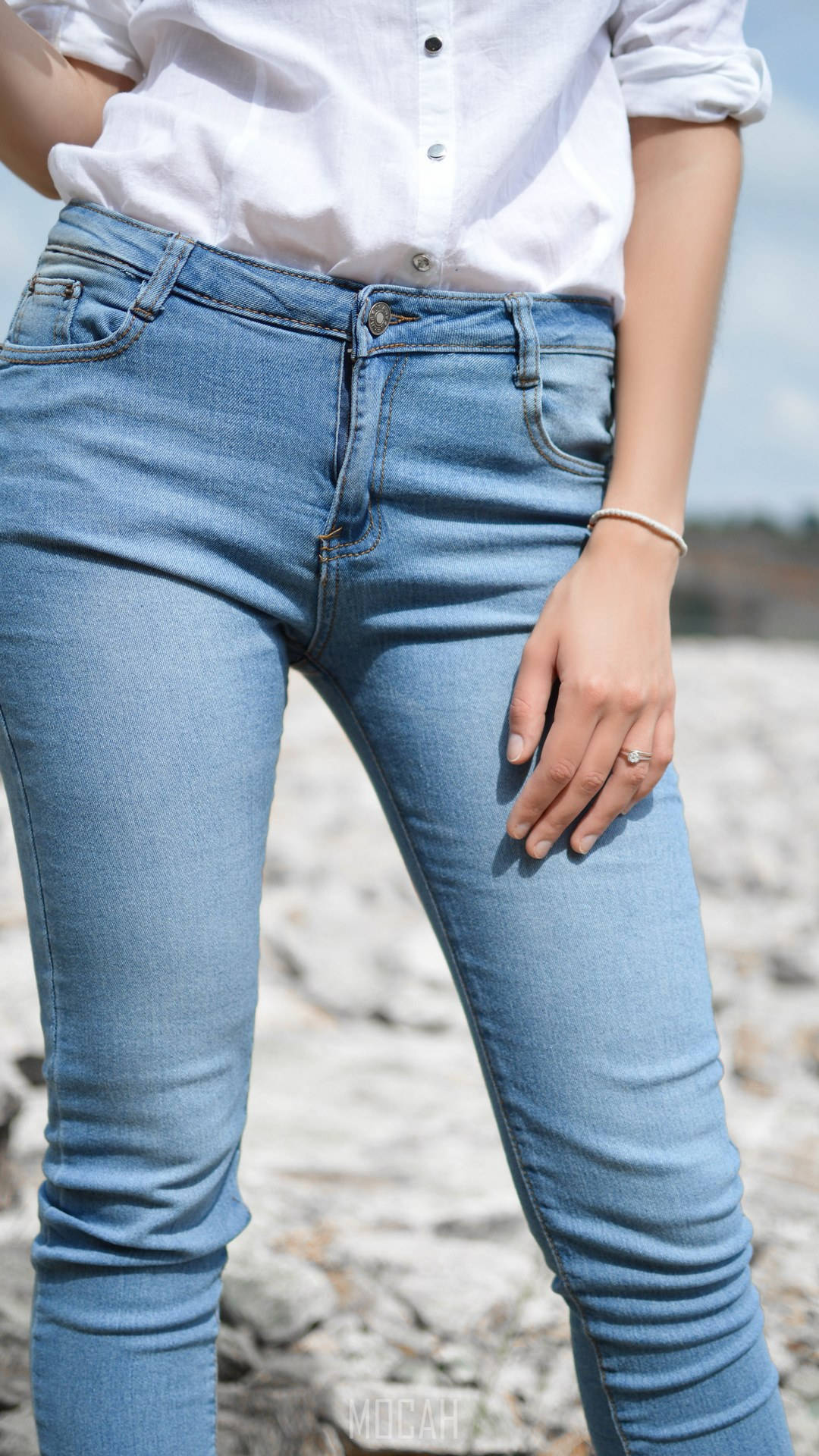 denim fitted jeans, light blue jeans, rocky beach, Full HD Phone Wallpaper