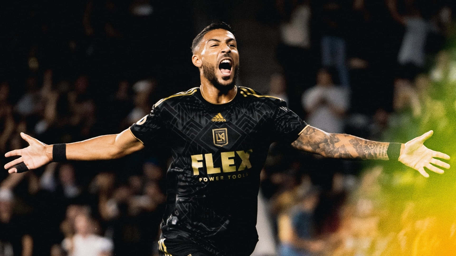 Denis Bouanga, black and gold jersey, stadium lights, Full HD Desktop Wallpaper
