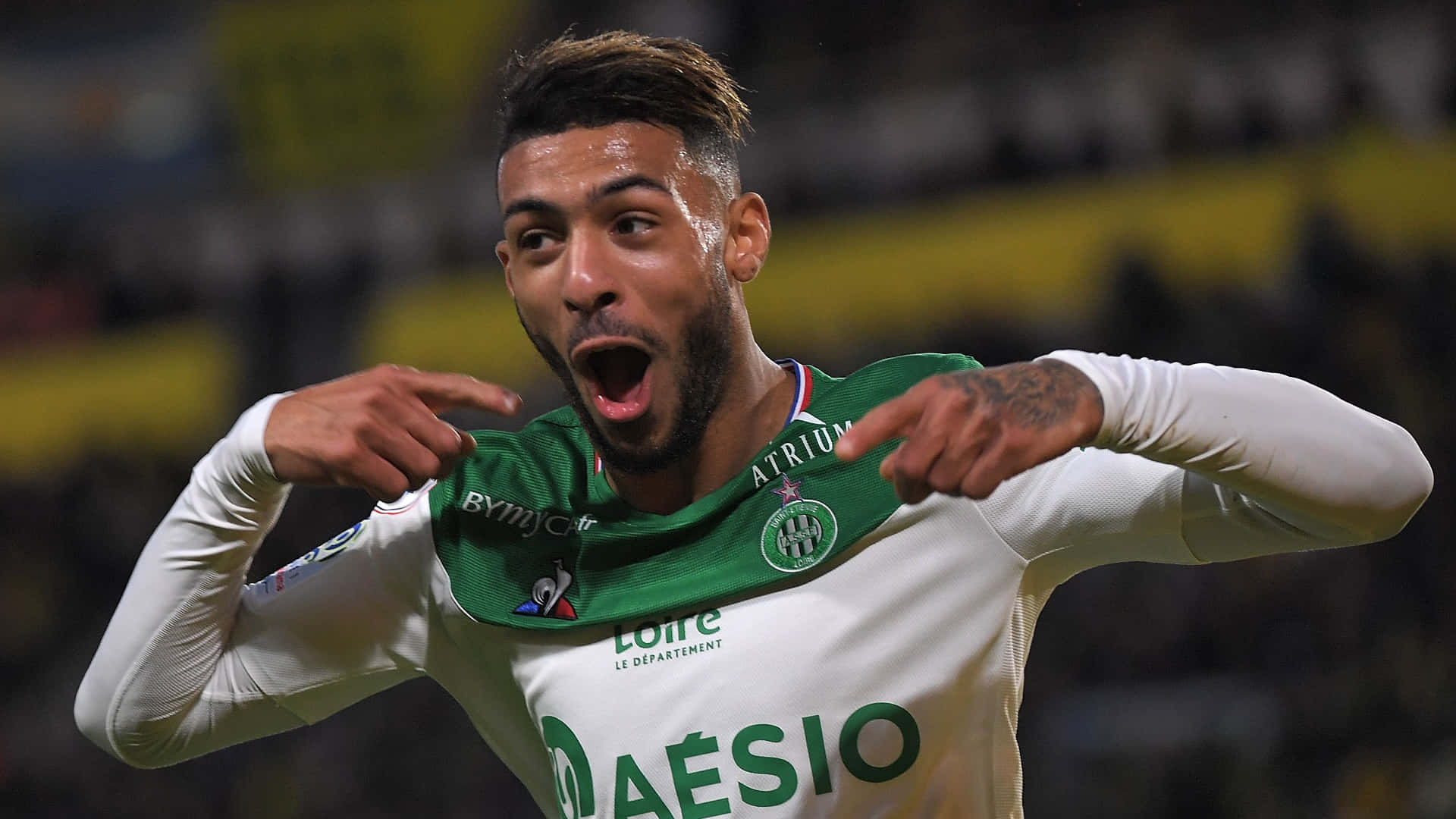 Denis Bouanga, green and white jersey, stadium, Full HD Desktop Wallpaper