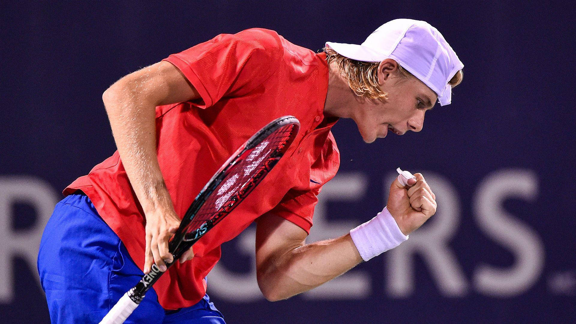 Denis Shapovalov, red shirt, blue shorts, Full HD Desktop Wallpaper
