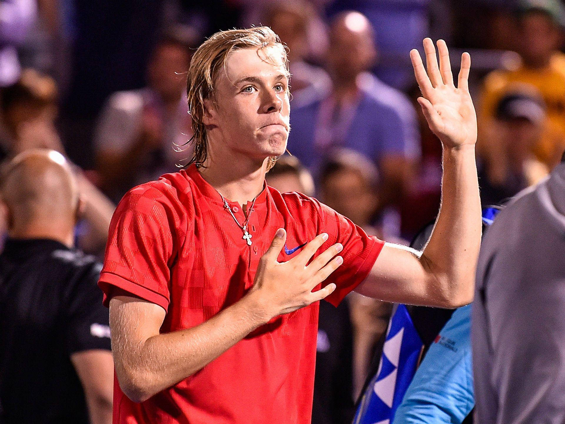 Denis Shapovalov, red shirt, stadium lights, Full HD Desktop Wallpaper