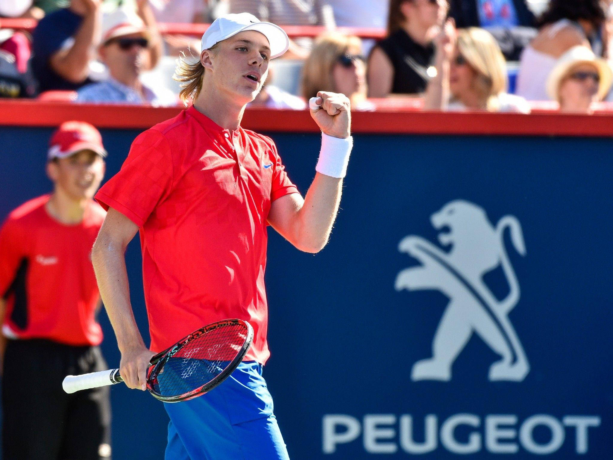 Denis Shapovalov, red shirt, blue shorts, Full HD Desktop Wallpaper