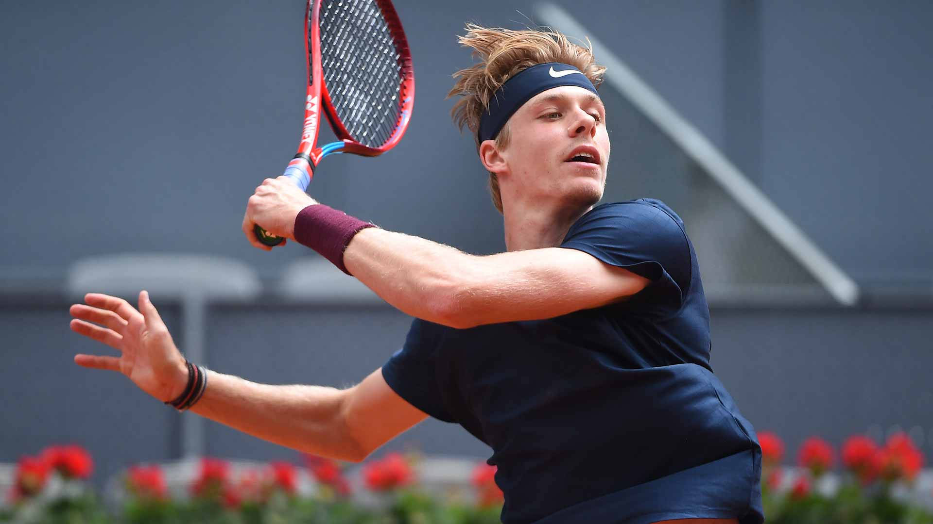 Denis Shapovalov, dark blue tennis outfit, clay court, Full HD Desktop Wallpaper