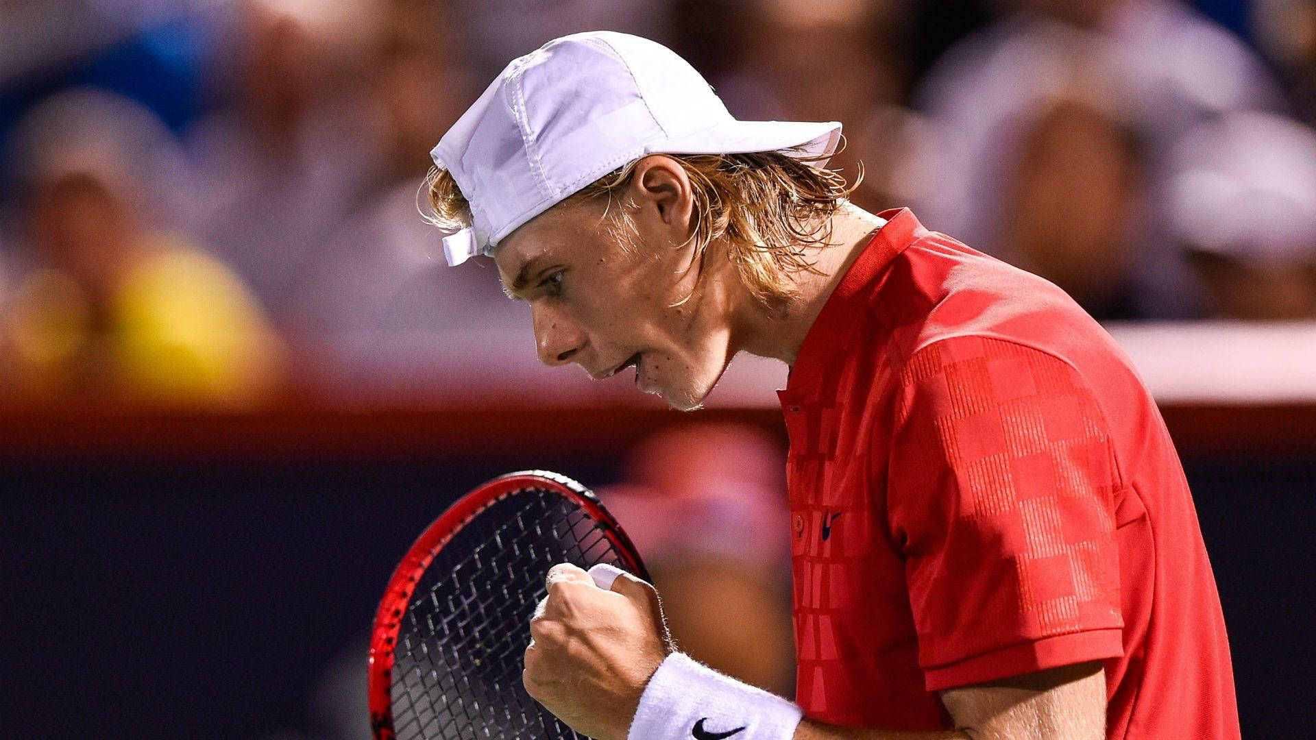 Denis Shapovalov, red shirt, white cap, Full HD Desktop Wallpaper