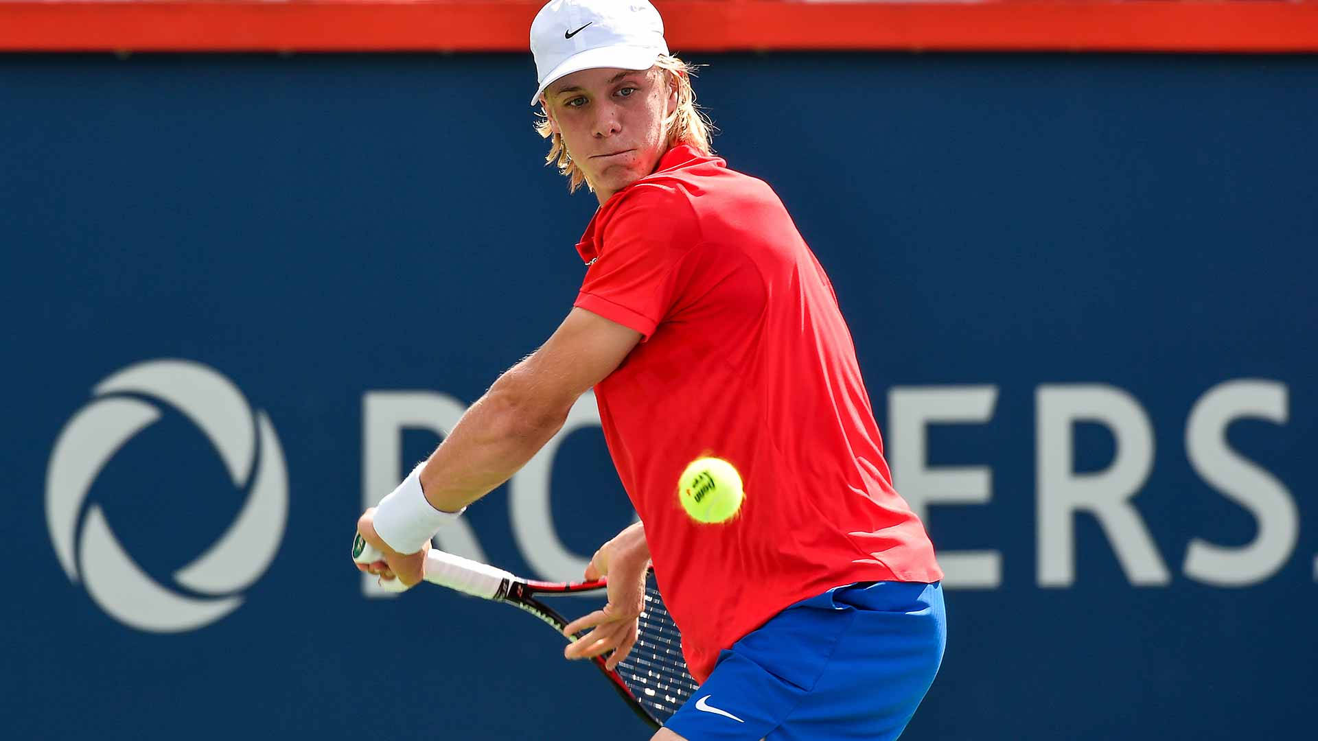 Denis Shapovalov, red shirt, blue shorts, Full HD Desktop Wallpaper
