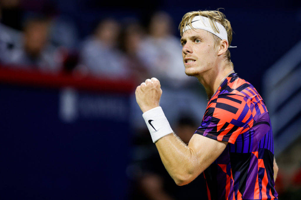 Denis Shapovalov, vibrant orange and purple shirt, bright stadium lights, SD Desktop Wallpaper