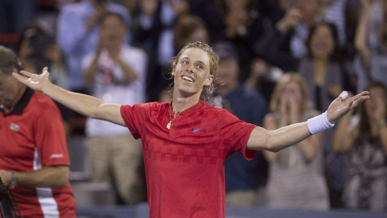 Denis Shapovalov, red shirt, lit court, HD Desktop Wallpaper