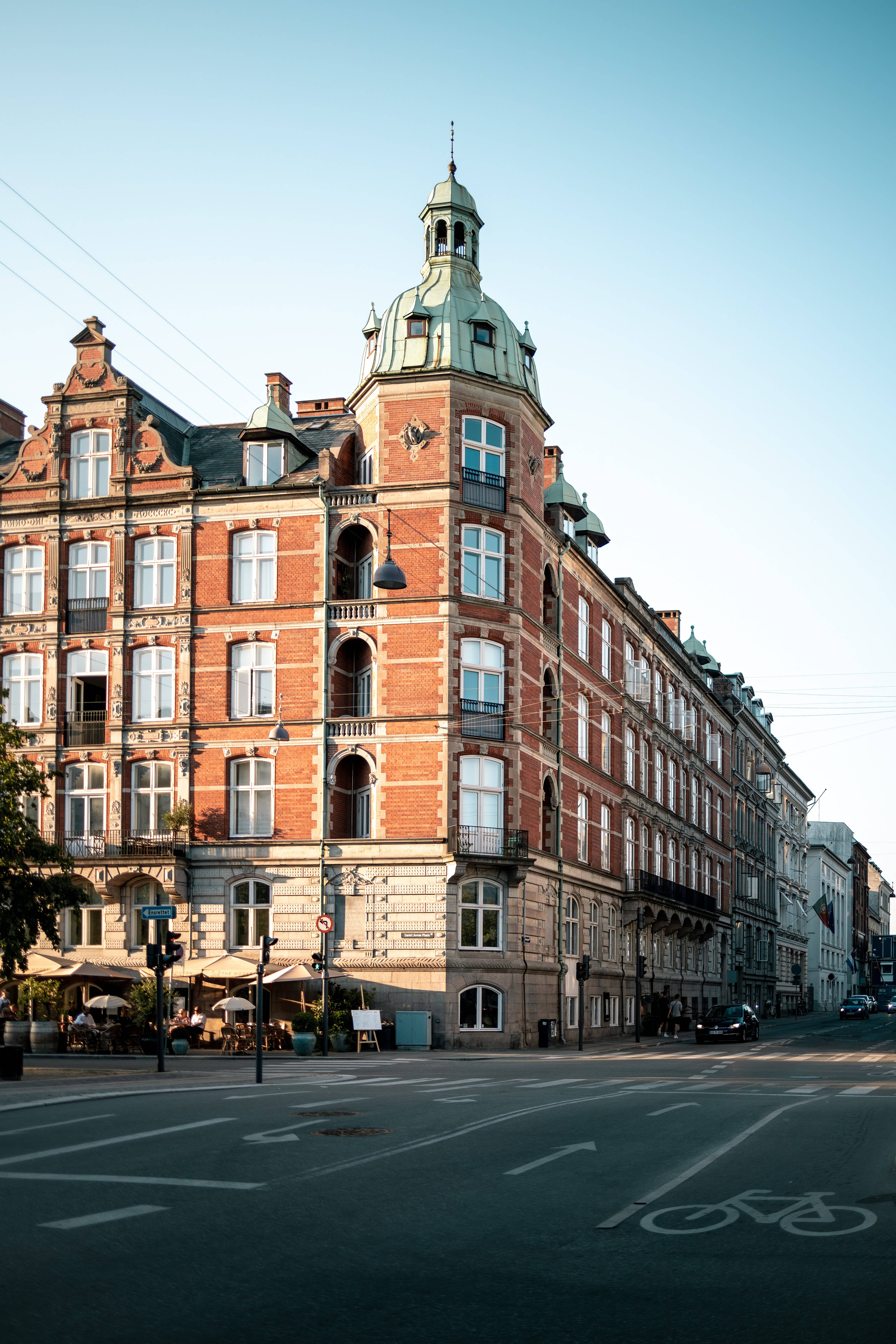 red brick building, ornate architecture, green copper dome, 5K Phone Wallpaper