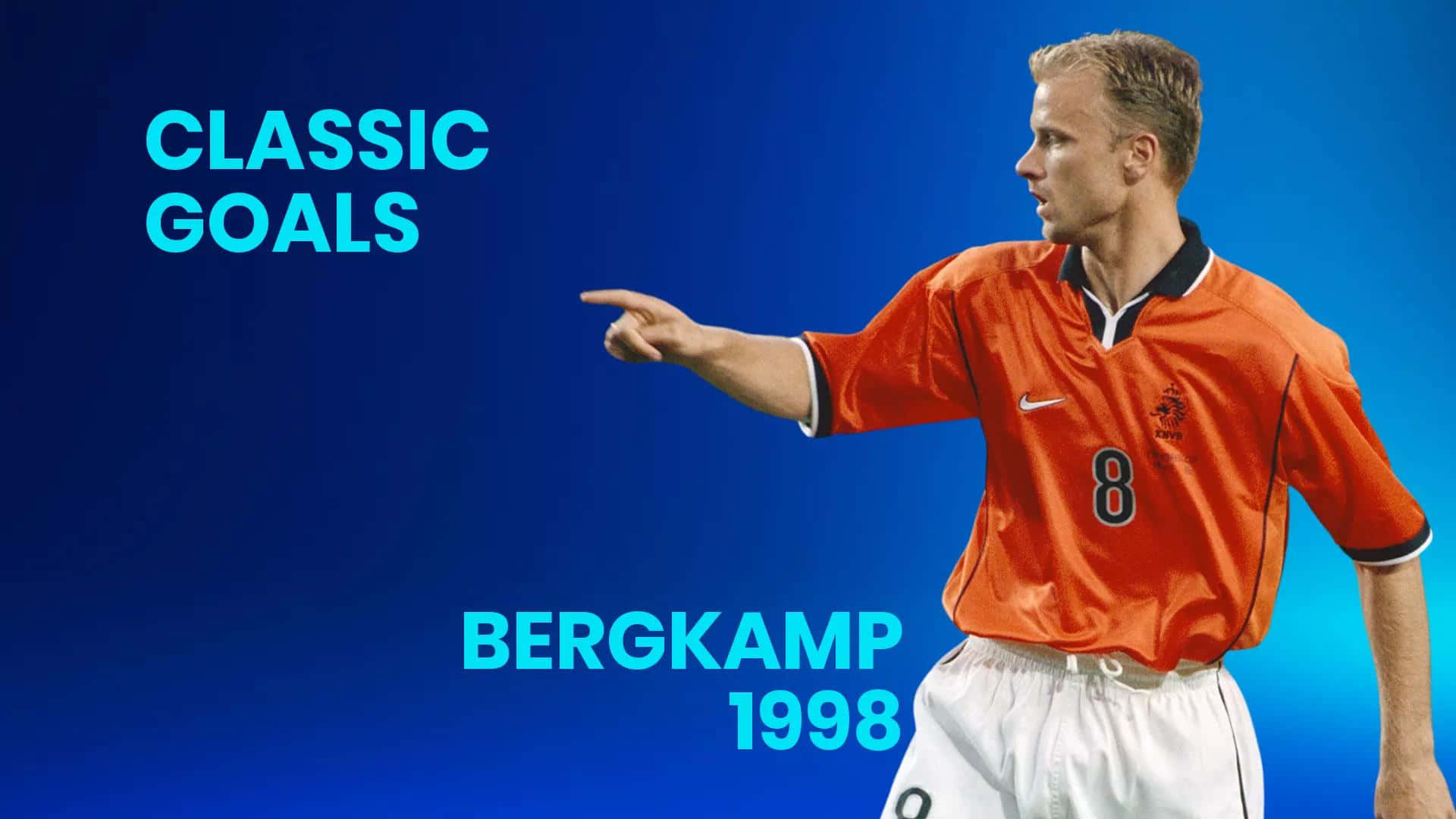 Dennis Bergkamp, orange jersey number 8, blue gradient background, Full HD Desktop Wallpaper