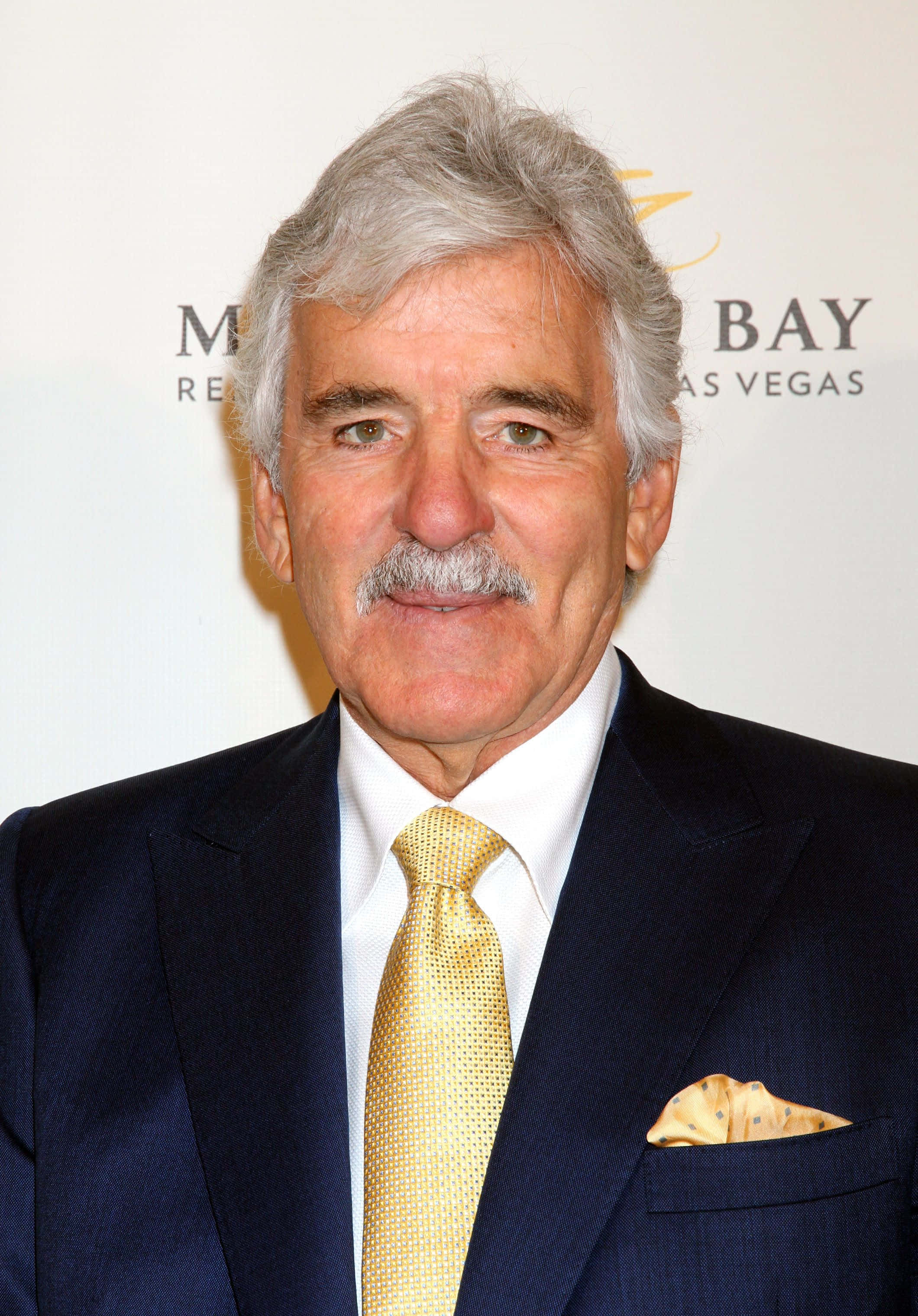 Dennis Farina, navy suit, gold tie, 2K Phone Wallpaper