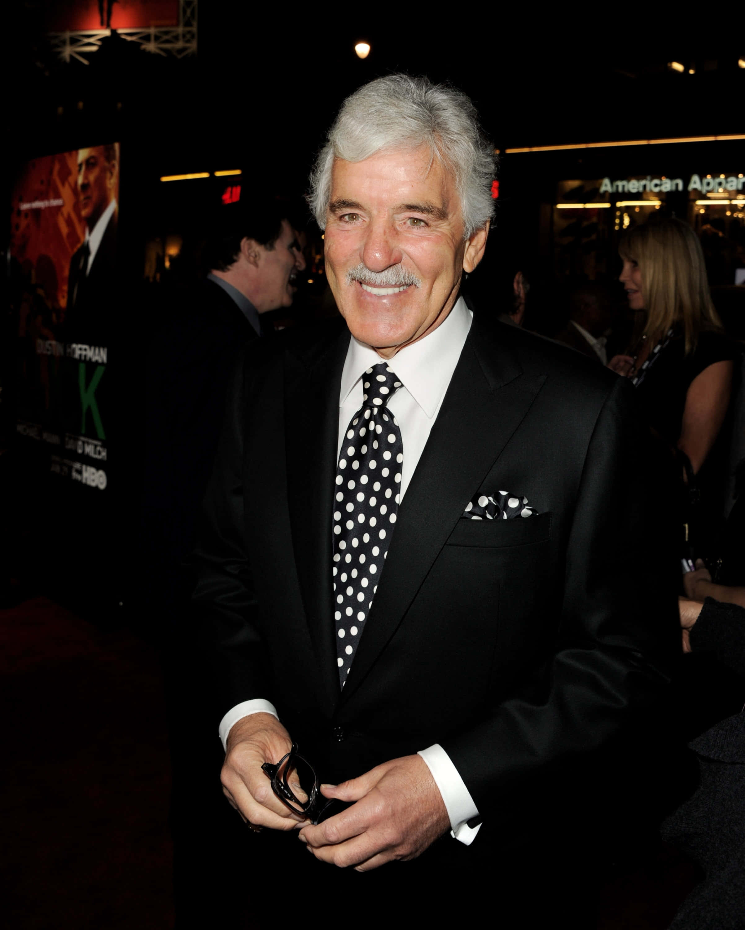 Dennis Farina, black suit, polka dot tie, 2K Phone Wallpaper