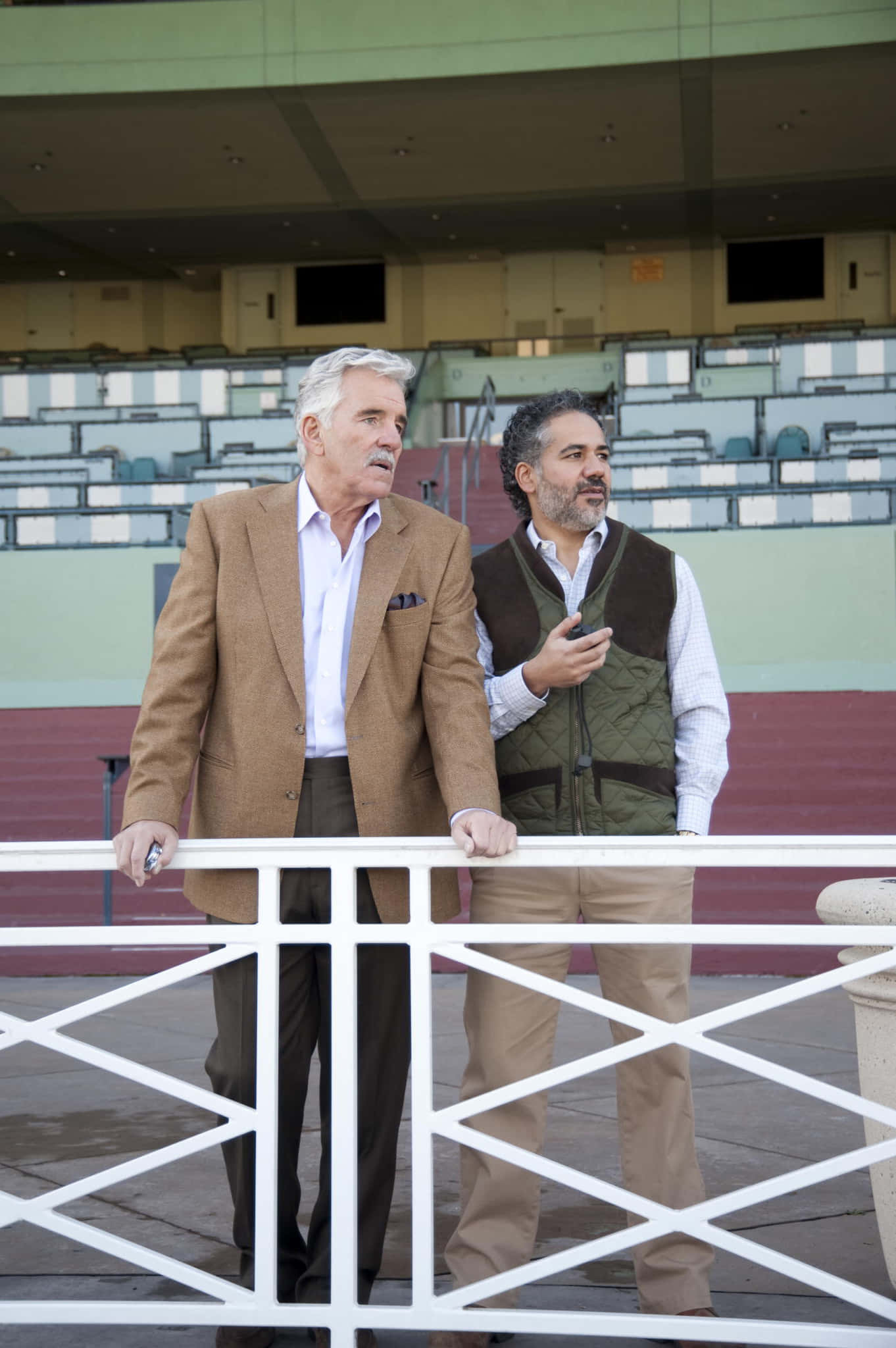 Dennis Farina, white railing, empty stadium seats, Full HD Phone Wallpaper