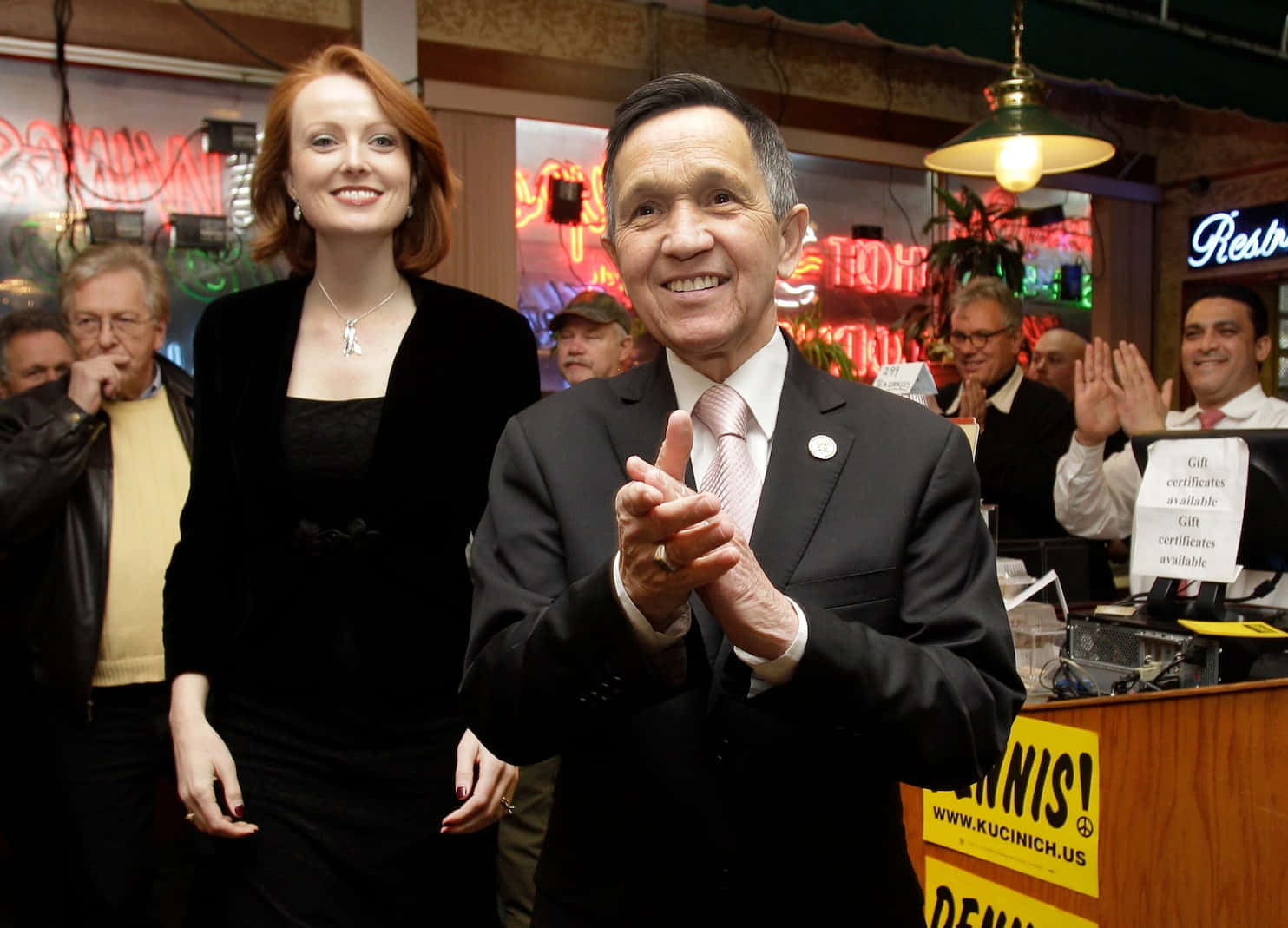 Dennis Kucinich, woman in a black dress, neon signs, HD Desktop Wallpaper