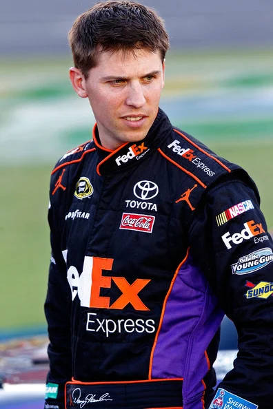 Denny Hamlin, black racing suit, purple FedEx Express Toyota racing suit, SD Phone Wallpaper