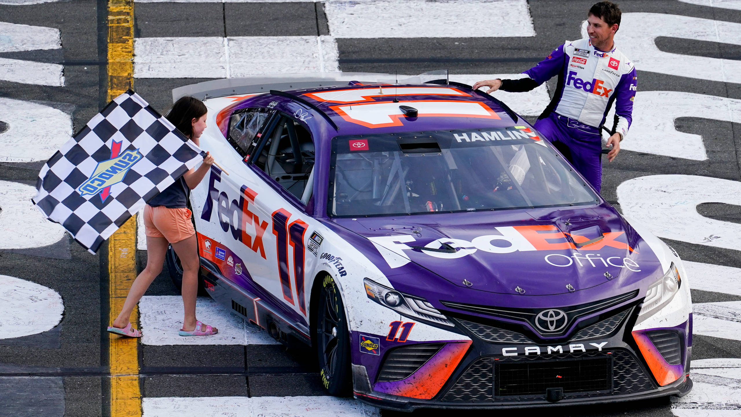 Denny Hamlin, young fan, purple and orange Toyota Camry, 2K Desktop Wallpaper