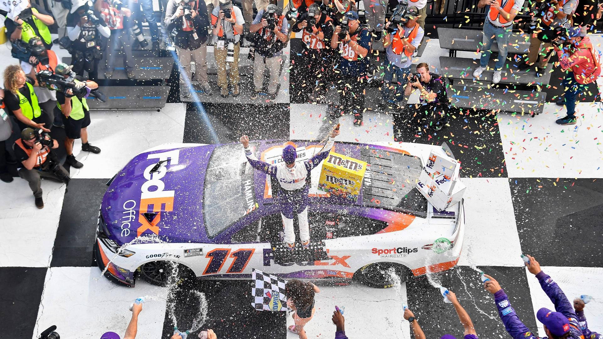 Denny Hamlin, purple FedEx car, confetti, Full HD Desktop Wallpaper