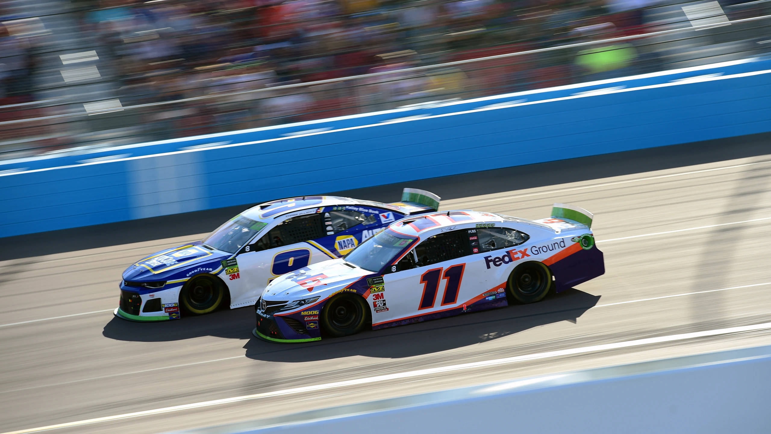 Denny Hamlin, NASCAR race cars, sunlit track, 2K Desktop Wallpaper