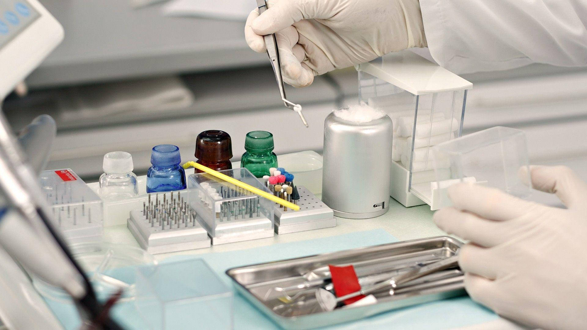 dental tools, lab tray, gloved hand, Full HD Desktop Wallpaper