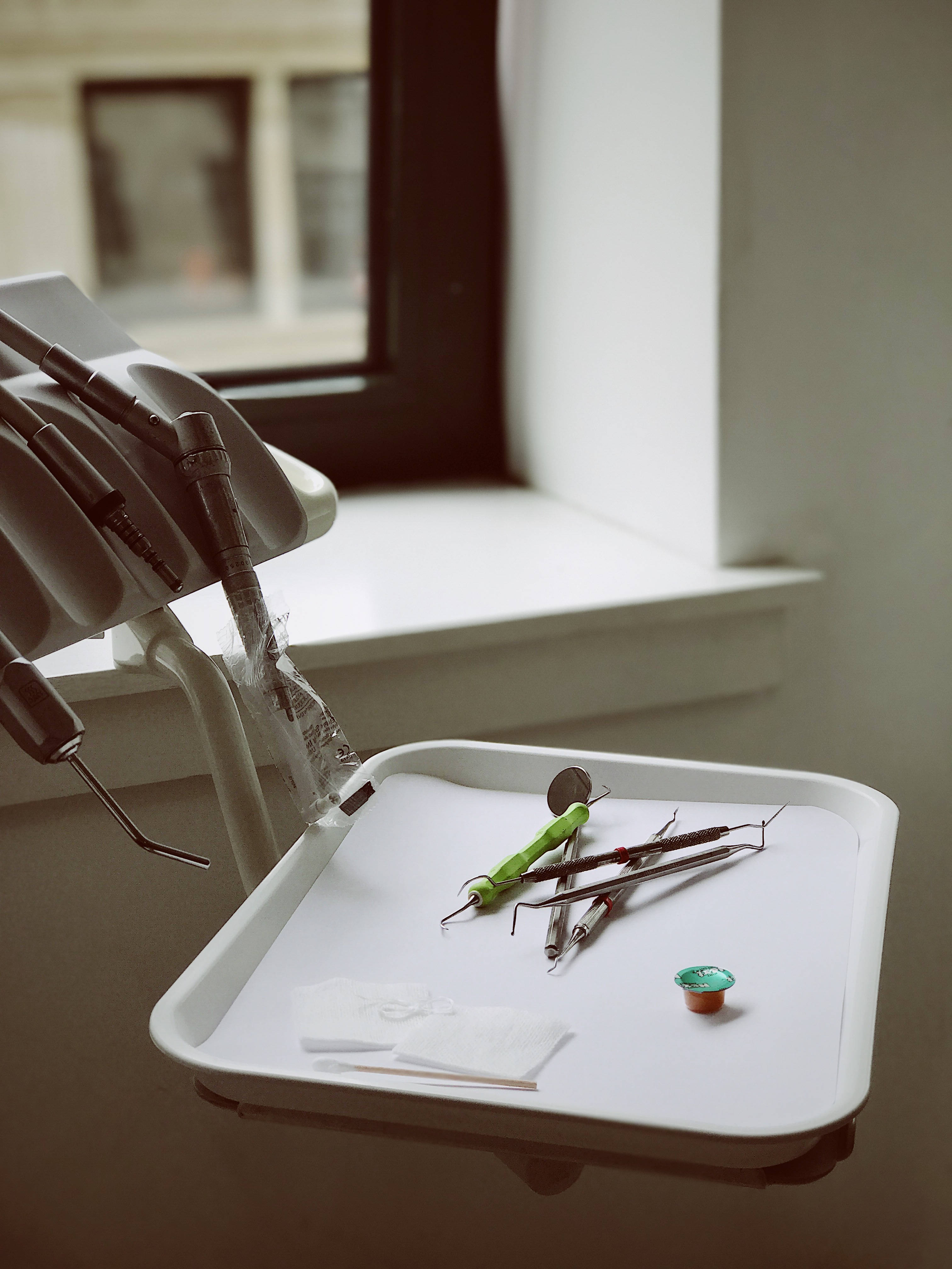 dental tools, white tray, dental chair, 4K Phone Wallpaper