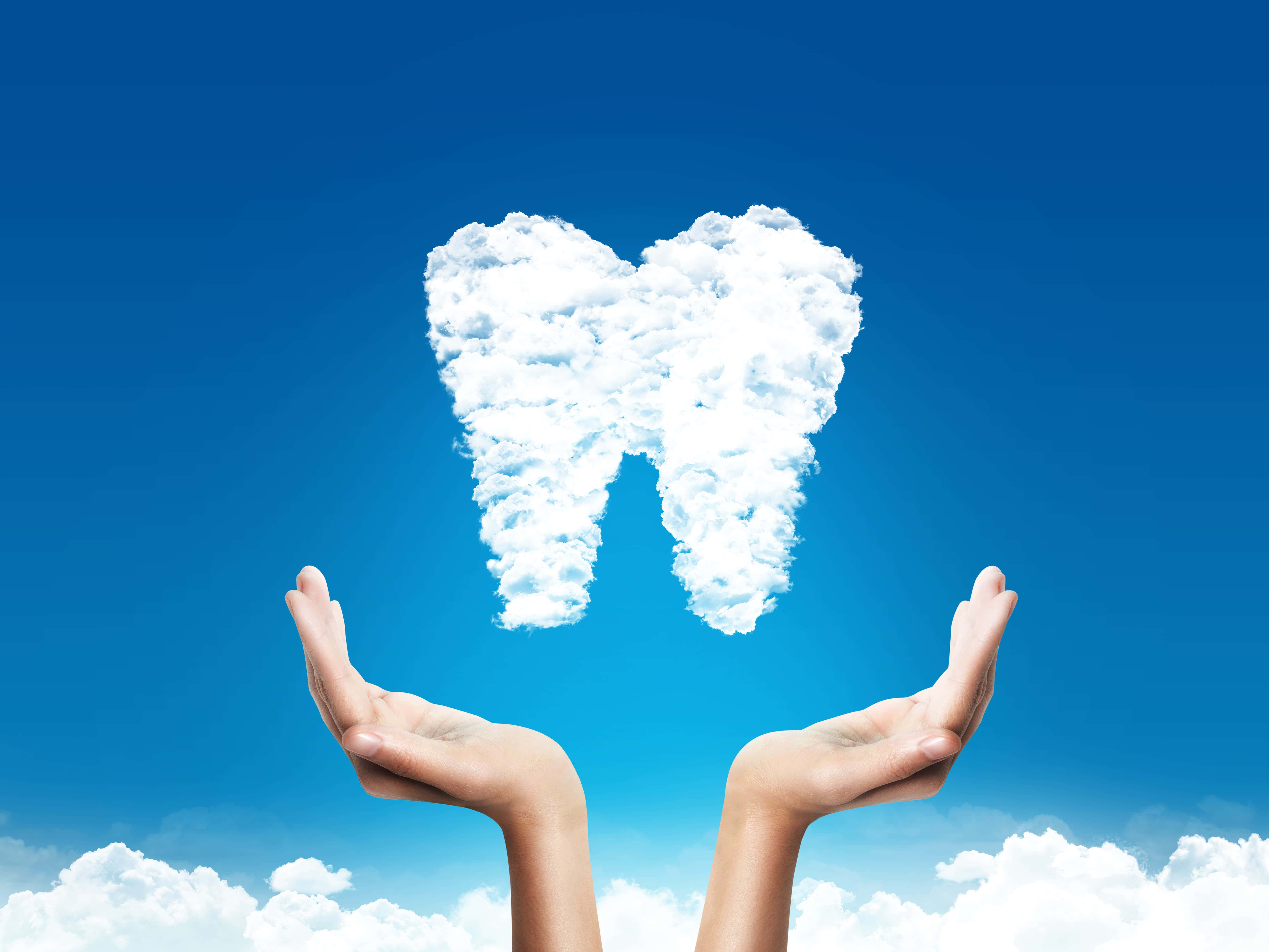 cloud tooth, vibrant blue sky, two hands, 5K Desktop Wallpaper