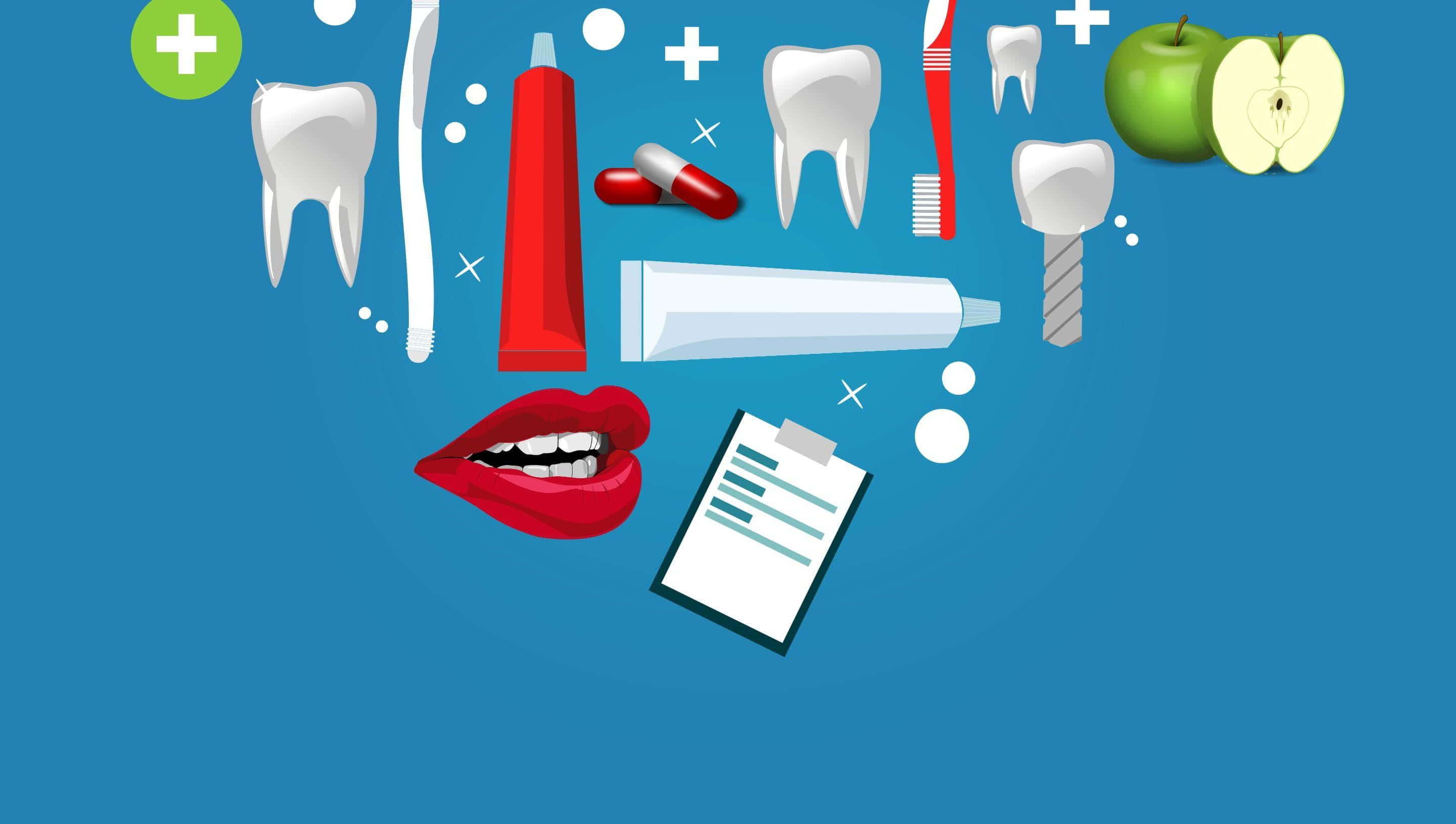 dental health concept, bright blue background, floating dental icons, 2K Desktop Wallpaper