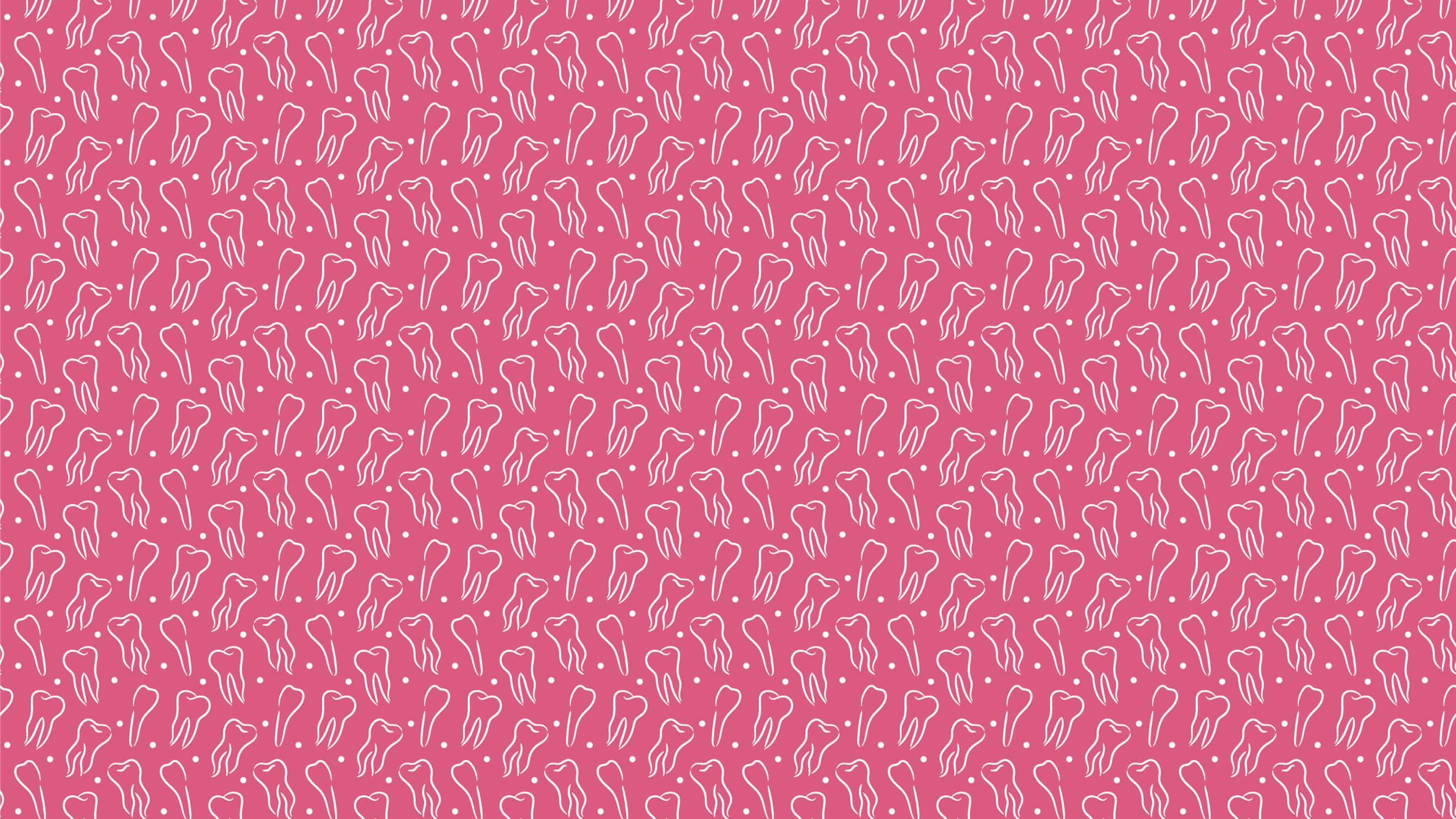 dental tooth pattern, pink background, white line-drawn teeth, 2K Desktop Wallpaper
