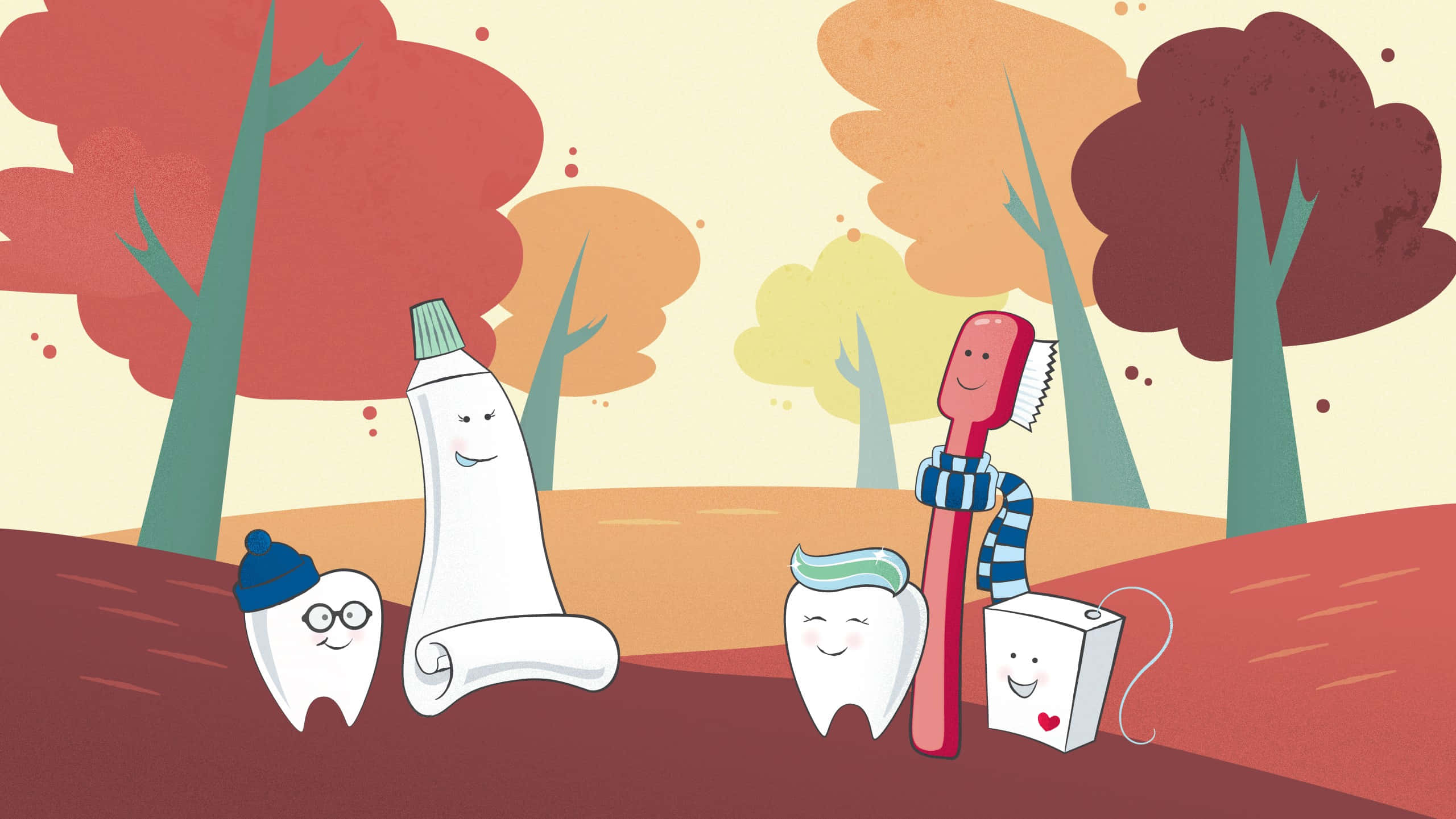 Autumn Dental Care Friends, toothpaste, toothbrush, 2K Desktop Wallpaper